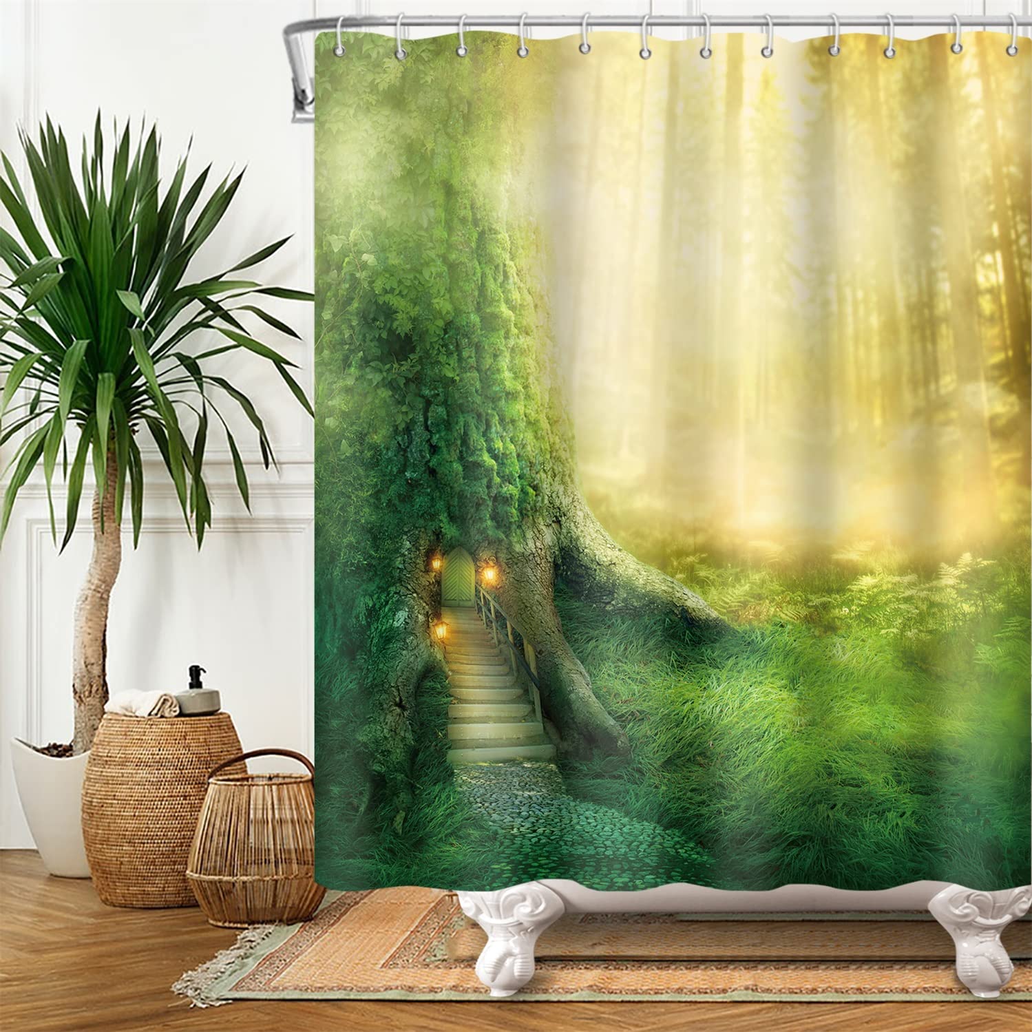 SDOTPMT 180 x 180 cm Fairy Forest douchegordijn magische fantasie paddestoel groen gras boom bladeren bad gordijn zen rivier trippy bad gordijn voor kind badkamer decor polyester waterdicht met haken