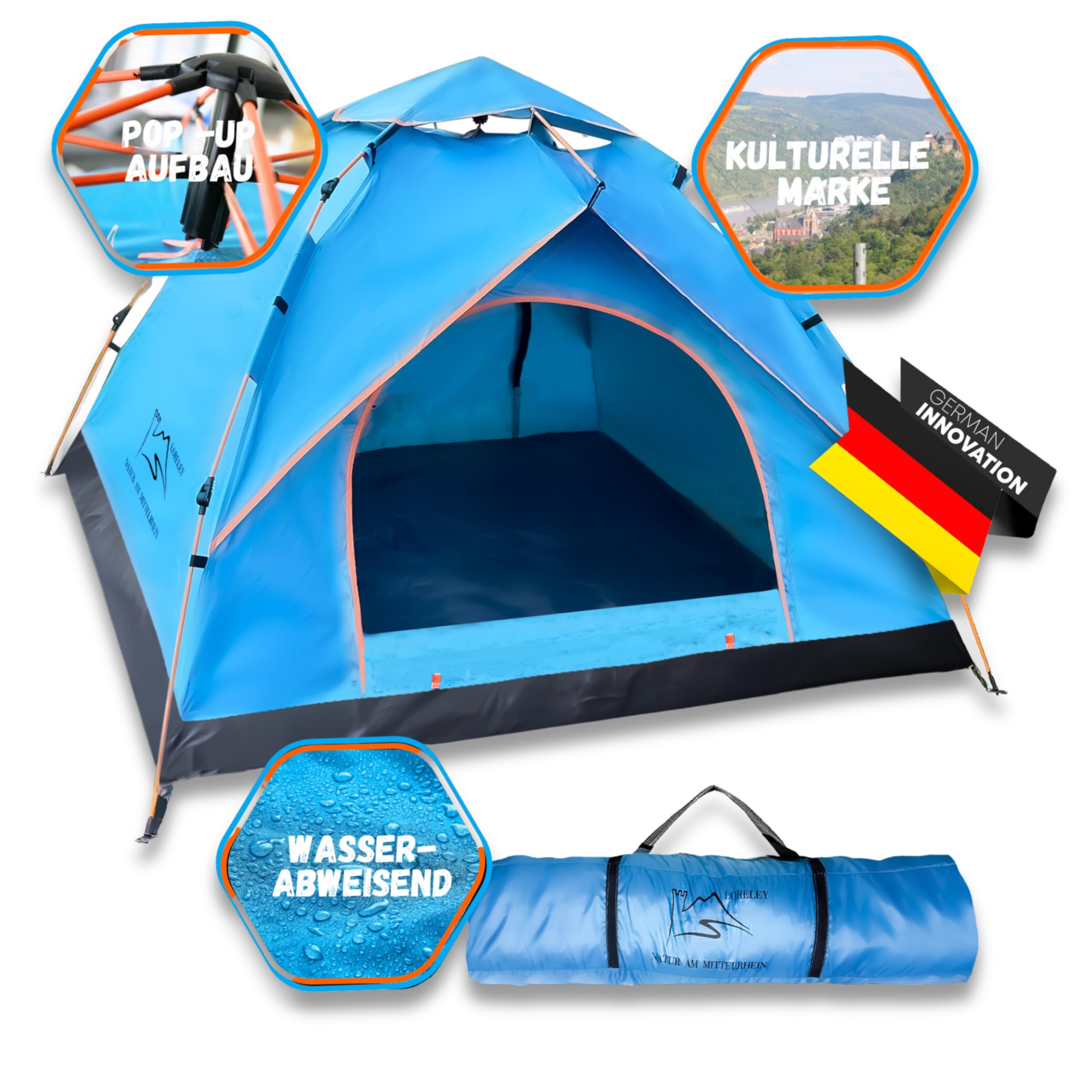 Loreley® Zelt Natur am MITTELRHEIN Germany Premium - schneller & Leichter Aufbau mit zusätzlicher Überdachung- Ultralleicht & kleines Packmaß