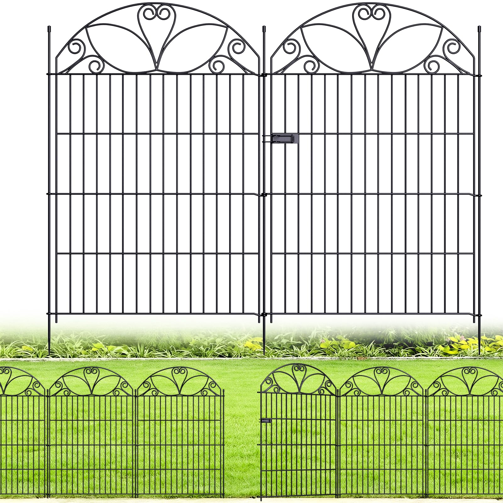 The Fellie Metal Garden Fence Panels 101 cm H x 3.5 m L, 5 Pack No Dig Rustproof Garden Fencing with Gate, Decorative Animal Barrier Border Fence for Dogs, Patio, Lawn, Flower Bed and Yard, Black — image 1
