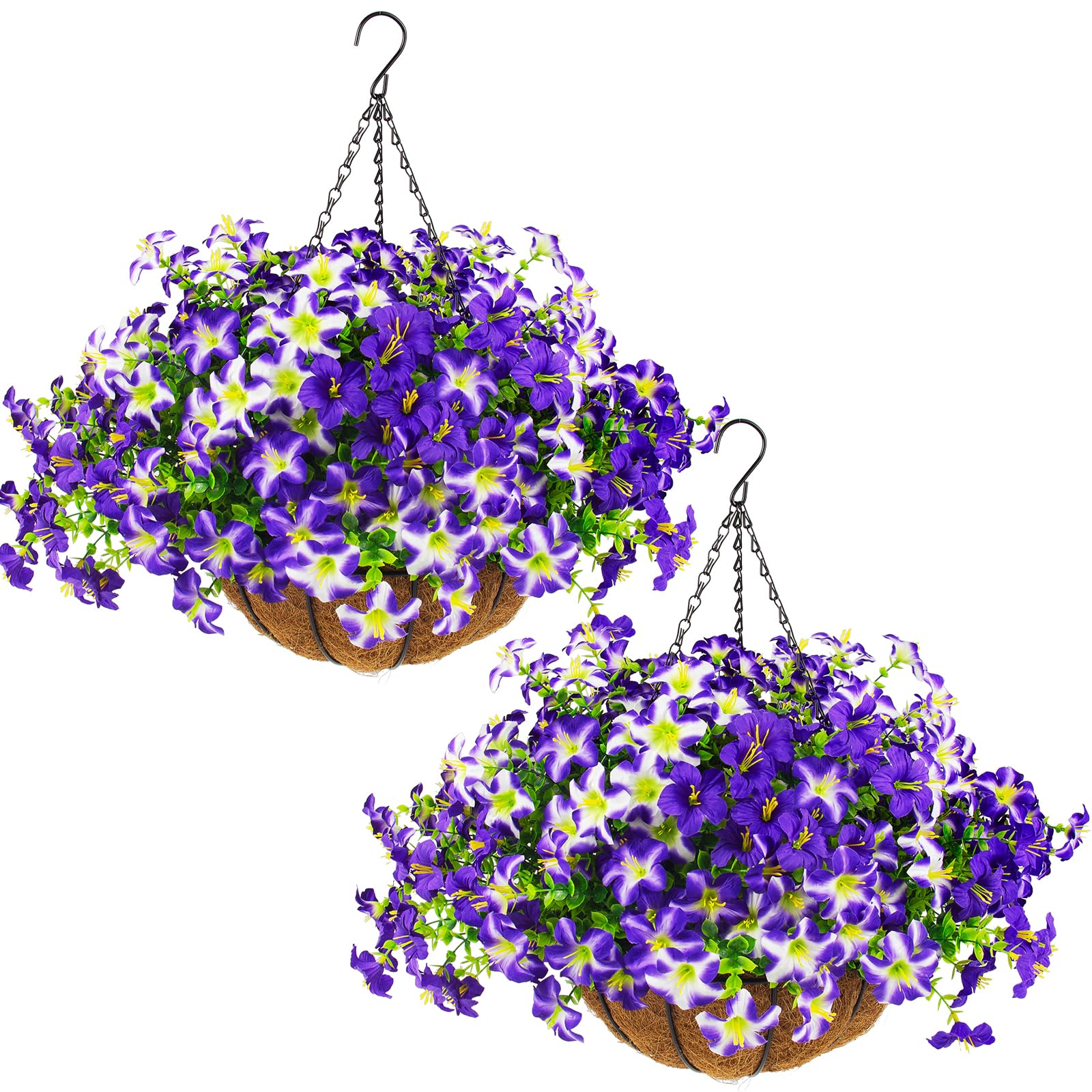 Photo 1 of 2 Set Artificial Petunias Flowers with Hanging Baskets, 24 Pcs Silk Petunia UV Resistant Purple Faux Petunias Flowers with Hanging Planter for Front Door Porch Spring Outside Decor (2, Purple)