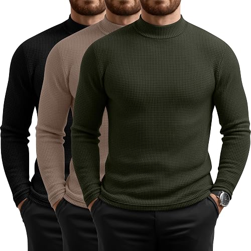 August Alley 3 Pack Men's Waffle Thermal Shirts Long Sleeve Mock Turtleneck Unde