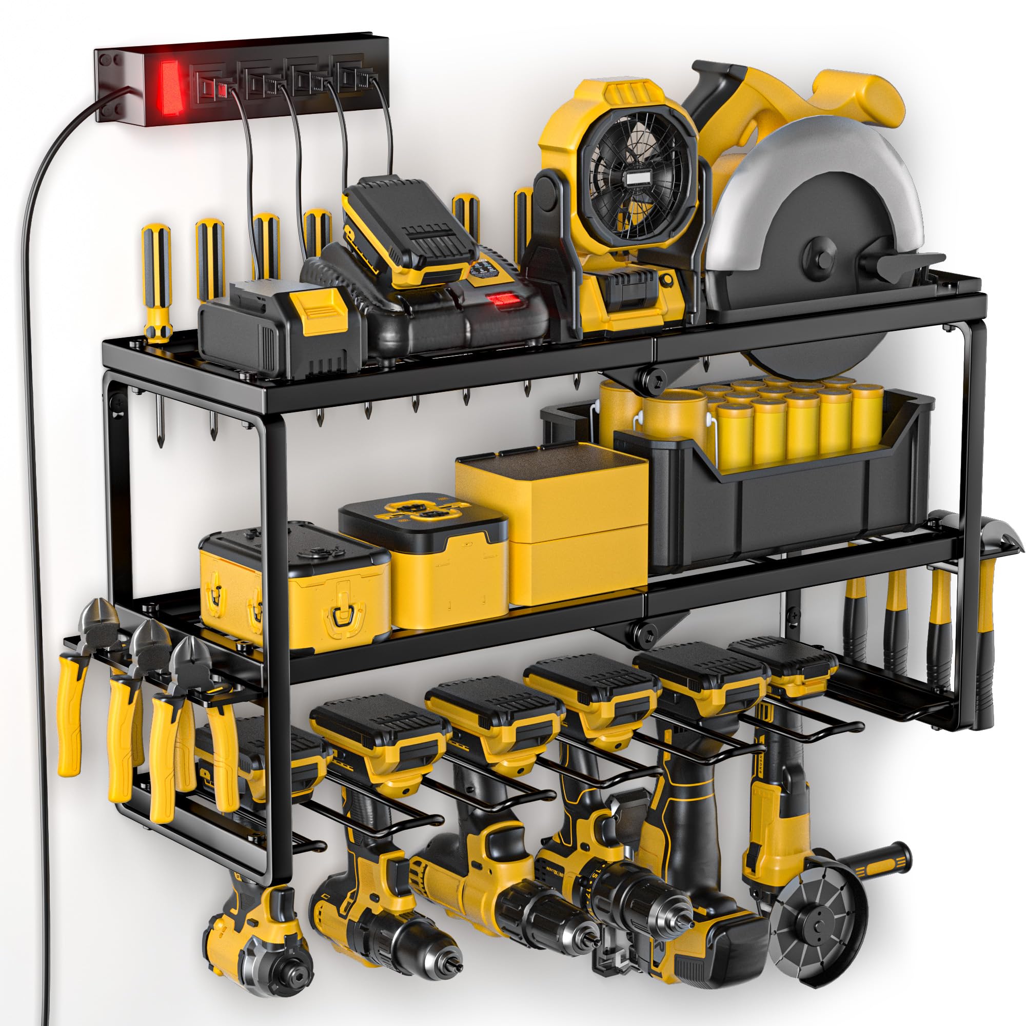 Power Tool Organizer Wall Mount with Charging Station, 6 Slots for Cordless Drill, Tool Storage with 4 Outlet Power Strip, Drill Bit Heavy Duty Rack, 3 Layers Garage Shelving for Workshop