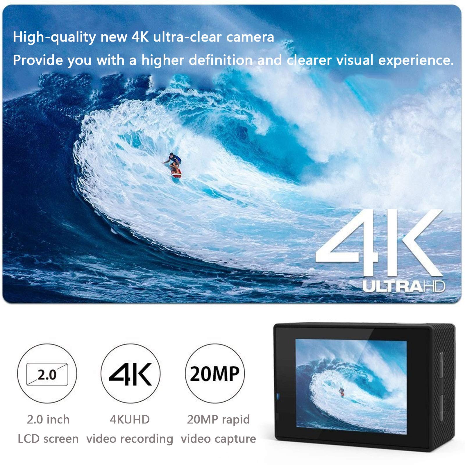 Caméra Étanche, 4K 2.0" écran LCD Full HD étanche Action Appareil Photo Caméscope Vidéo sous-Marine 30M avec Action Cam Wi-FI Intégré et Telecommande sans Fil,Noir