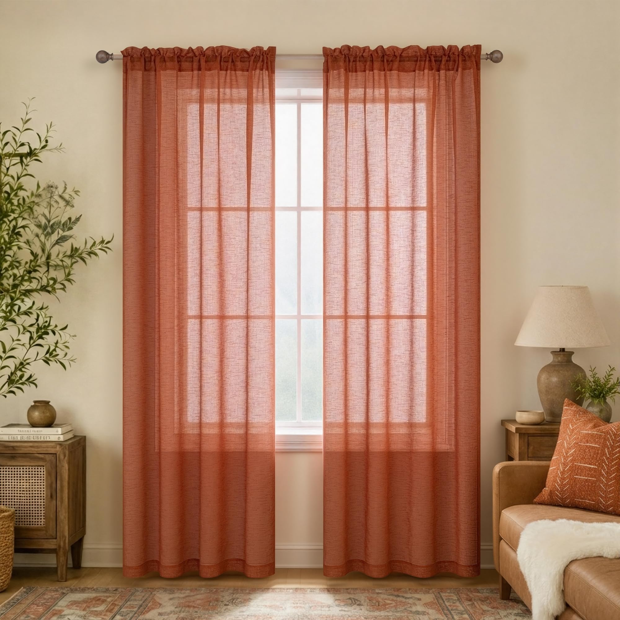 Lot de 2 Rideaux Semi-Transparents en Lin synthétique avec Passe-Tringle pour Chambre à Coucher et Chambre à Coucher (Terre Cuite) – 213 x 213 cm de Long – Orange brûlé