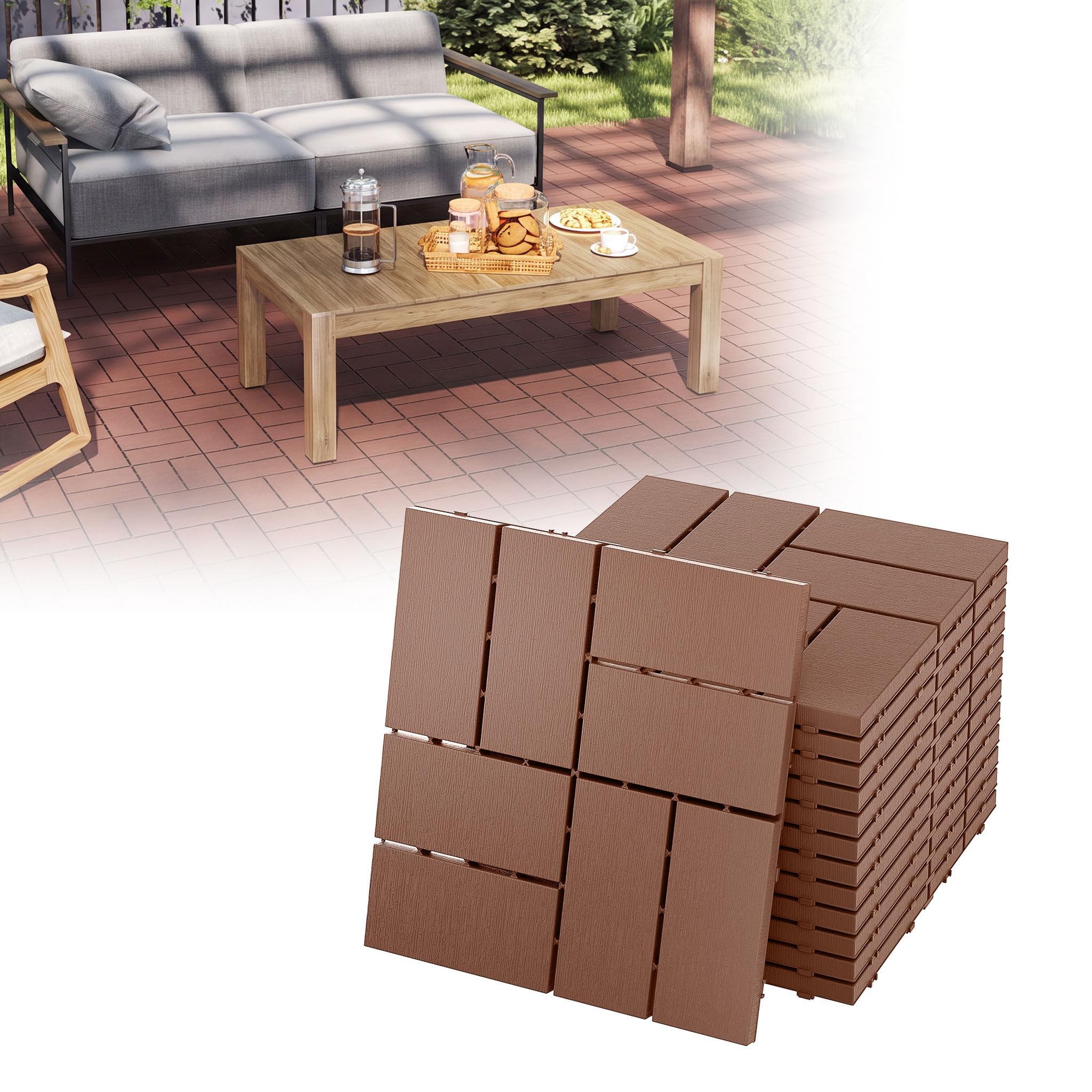 UISEBRT Piastrelle per terrazze e balconi, effetto venature del legno, piastrelle a incastro, per balcone, giardino, resistenti alle intemperie, con funzione di drenaggio, 30 x 30 cm, colore marrone