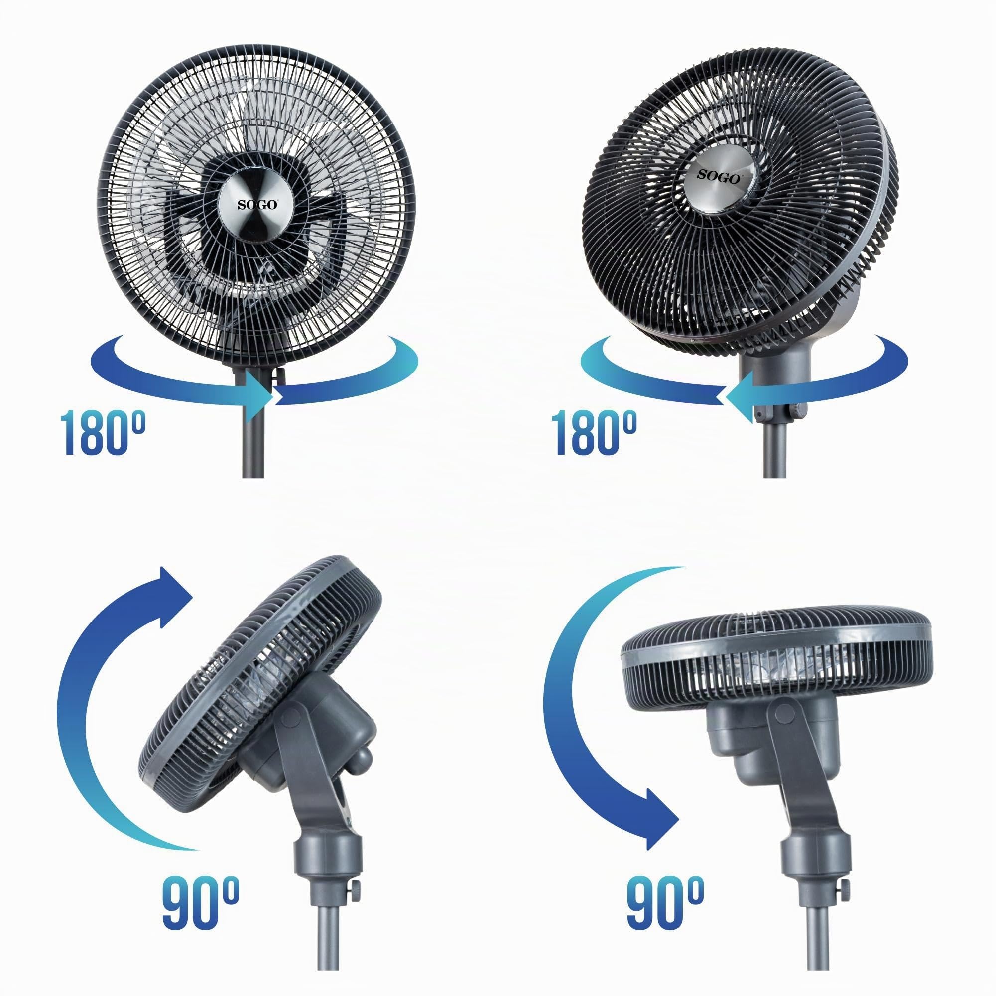 SOGO Ventilador de Pie 40 cm 65W Oscilación 360° - Alta Potencia con 3 Velocidades, Altura Regulable, Cabezal Multidireccional y Base Estable - Color Negro