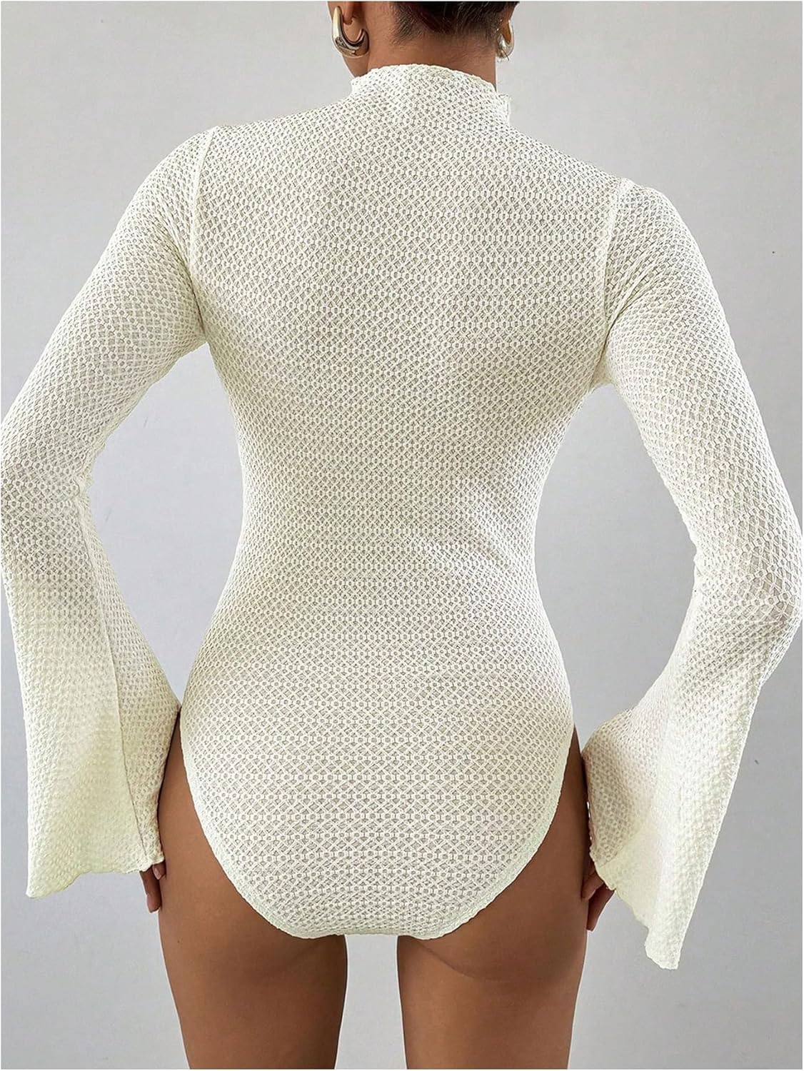 SweatyRocks Women's Mock Neck Textured Bodysuits Bell Sleeve Tee Bodysuit Leotard Top - Image 2