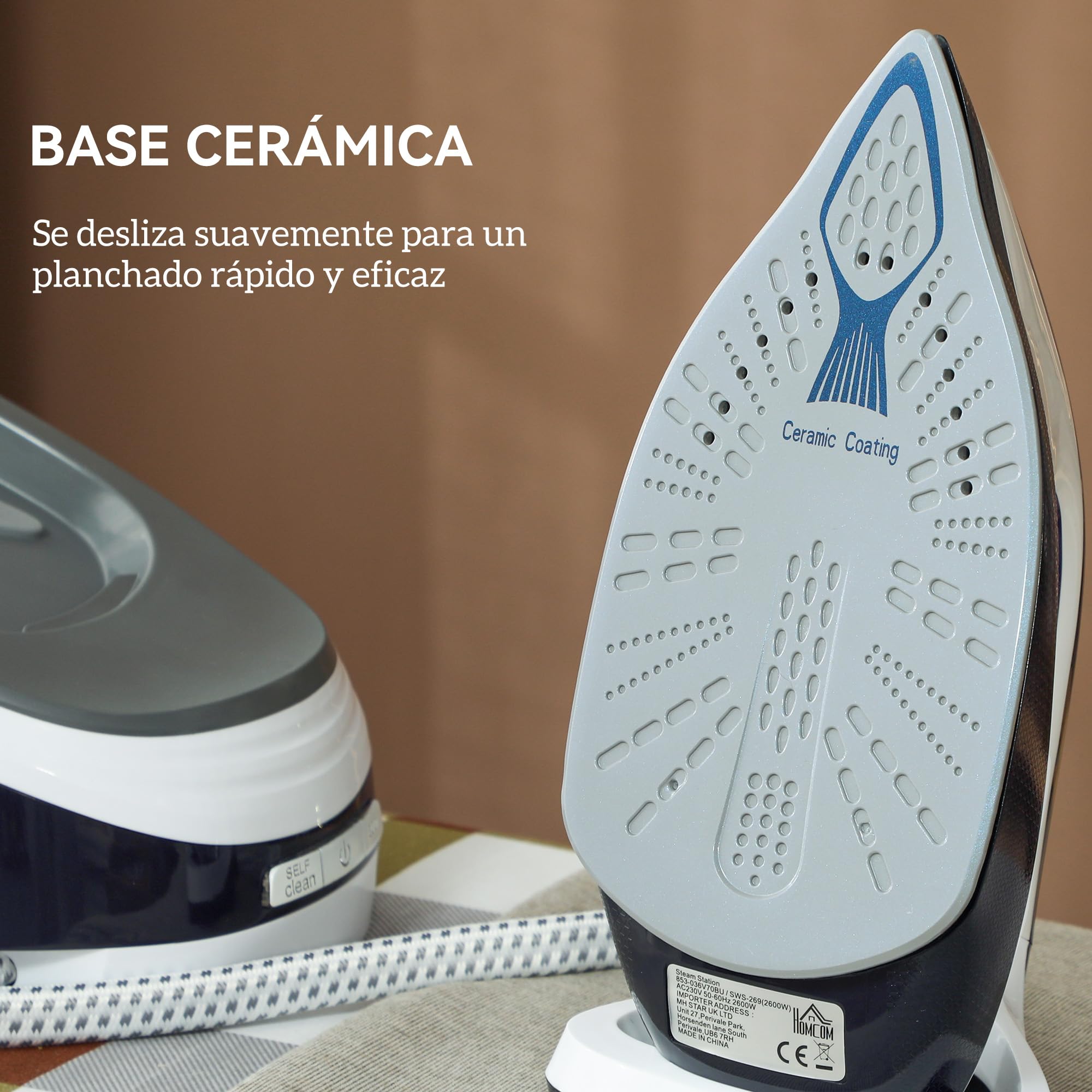 HOMCOM Centro de Planchado 2600W 100 g/min 8 Bares Función ECO Suela de Cerámica Planchado Vertical Potente Apagado Automático Sistema Antical Autolimpieza Depósito Extraíble 1,5 L Azul