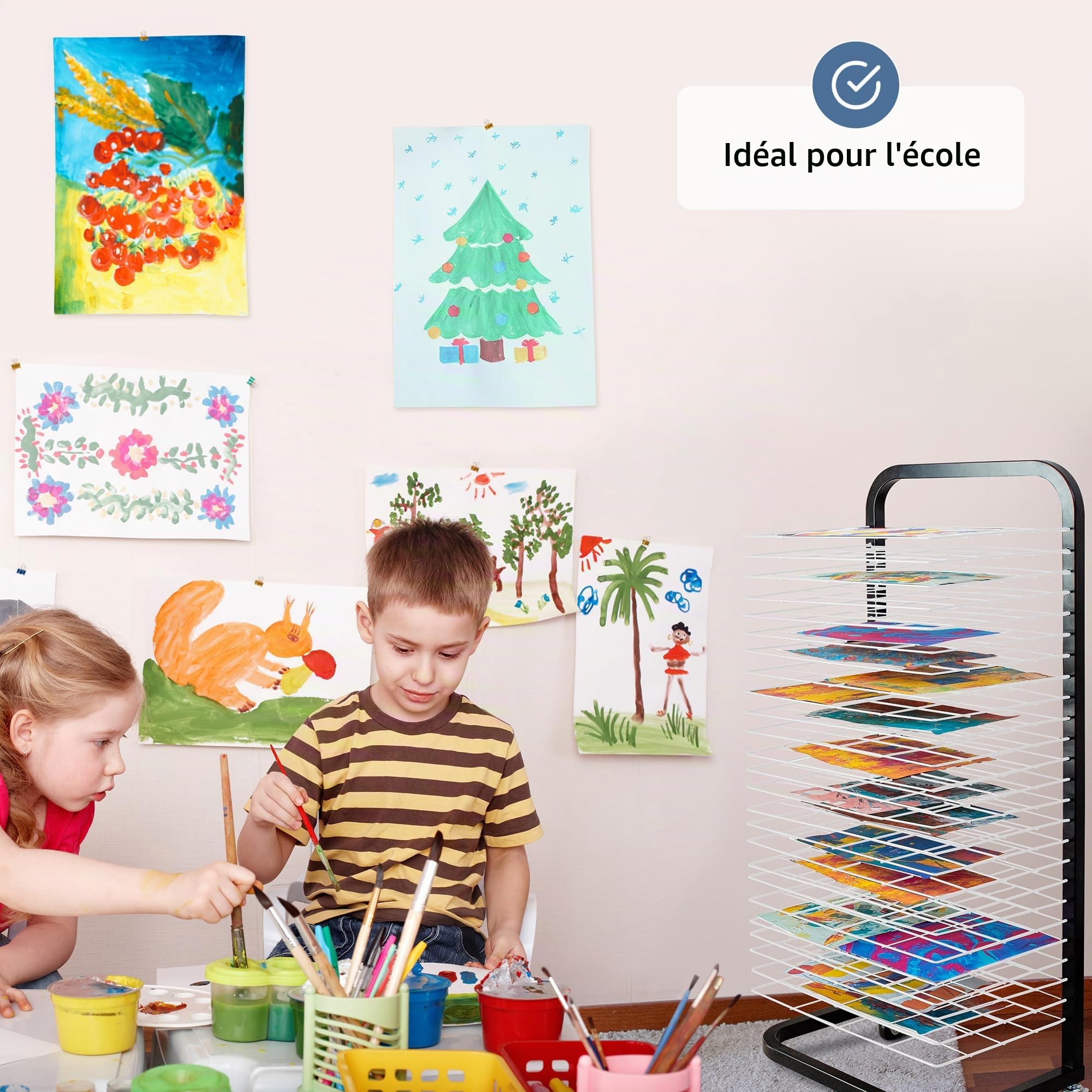 ODOXIA Support De Séchage d'art pour La Salle De Classe | Garde Art Propre | Séchoir À Toile | Rangement Toiles De Séchage | avec roulettes | Étagères Amovibles Art Drying Rack White (Big)