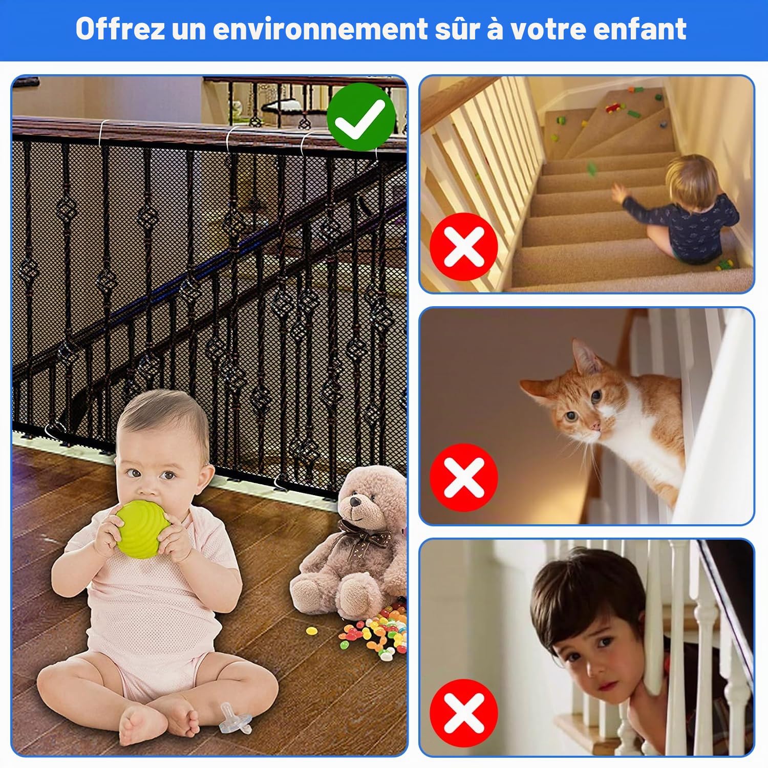 Filet de Sécurité Enfant, Grillage Escalier Sécurité Bébé, Filet de Protection Balustrade Rideau de Protection pour Escalier et Balcon pour Enfant Chat (Noir, S(300 * 90cm))