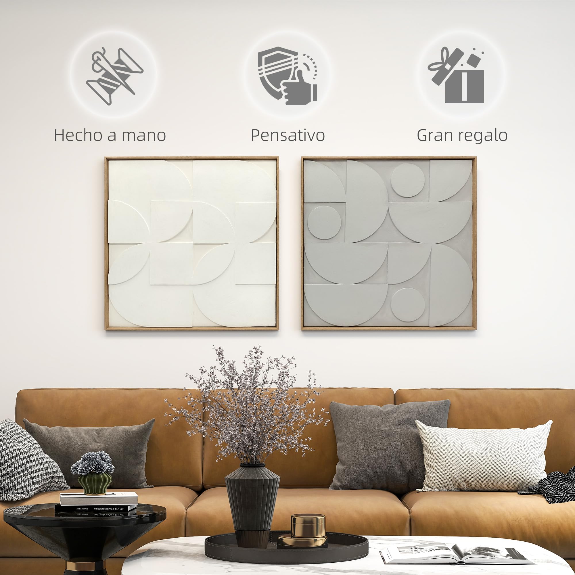 HOMCOM Decoración de Pared de Madera 3D, Juego de 2 Piezas, Adornos de Pared 80 cm con Patrones Geométricos Huecos, Decoración Moderna para Salón, Dormitorio, Pasillo, Blanco