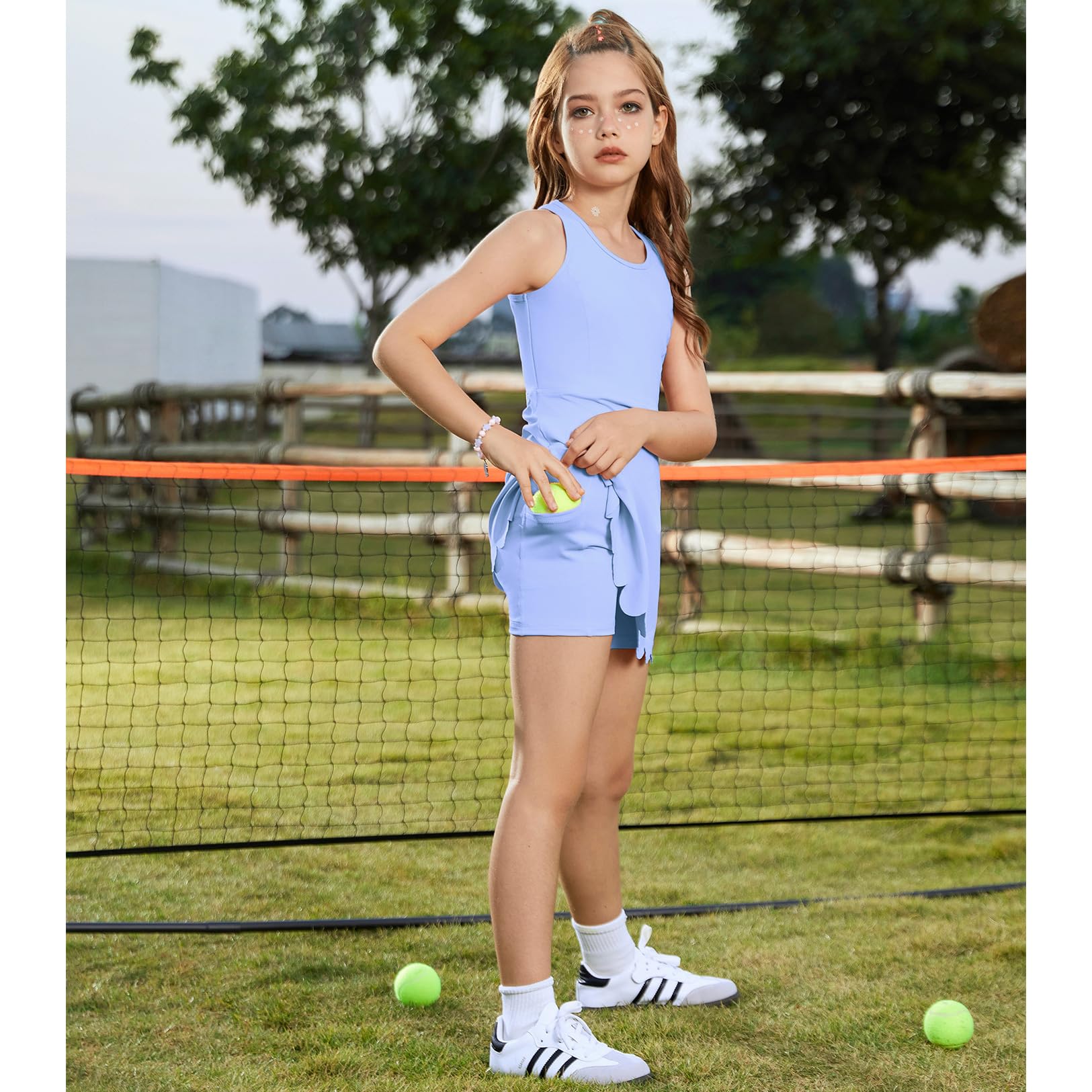 Vestido de tenis sin mangas para niñas, vestido atlético de pickleball, traje de golf con brasier integrado desmontable y bolsillos para pantalones cortos