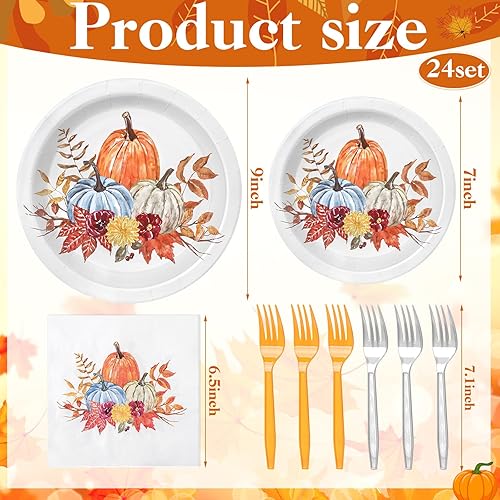 Miniatura 2 de Uiifan Juego de 96 piezas de decoración de fiesta de Acción de Gracias, 48 platos de cosecha de calabaza, 24 servilletas de papel desechables de