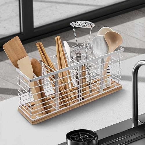 Miniatura 5 de Lonian Soporte grande para utensilios de cocina con base de bambú, 4 compartimentos, organizador de utensilios de cocina de metal para encimera de