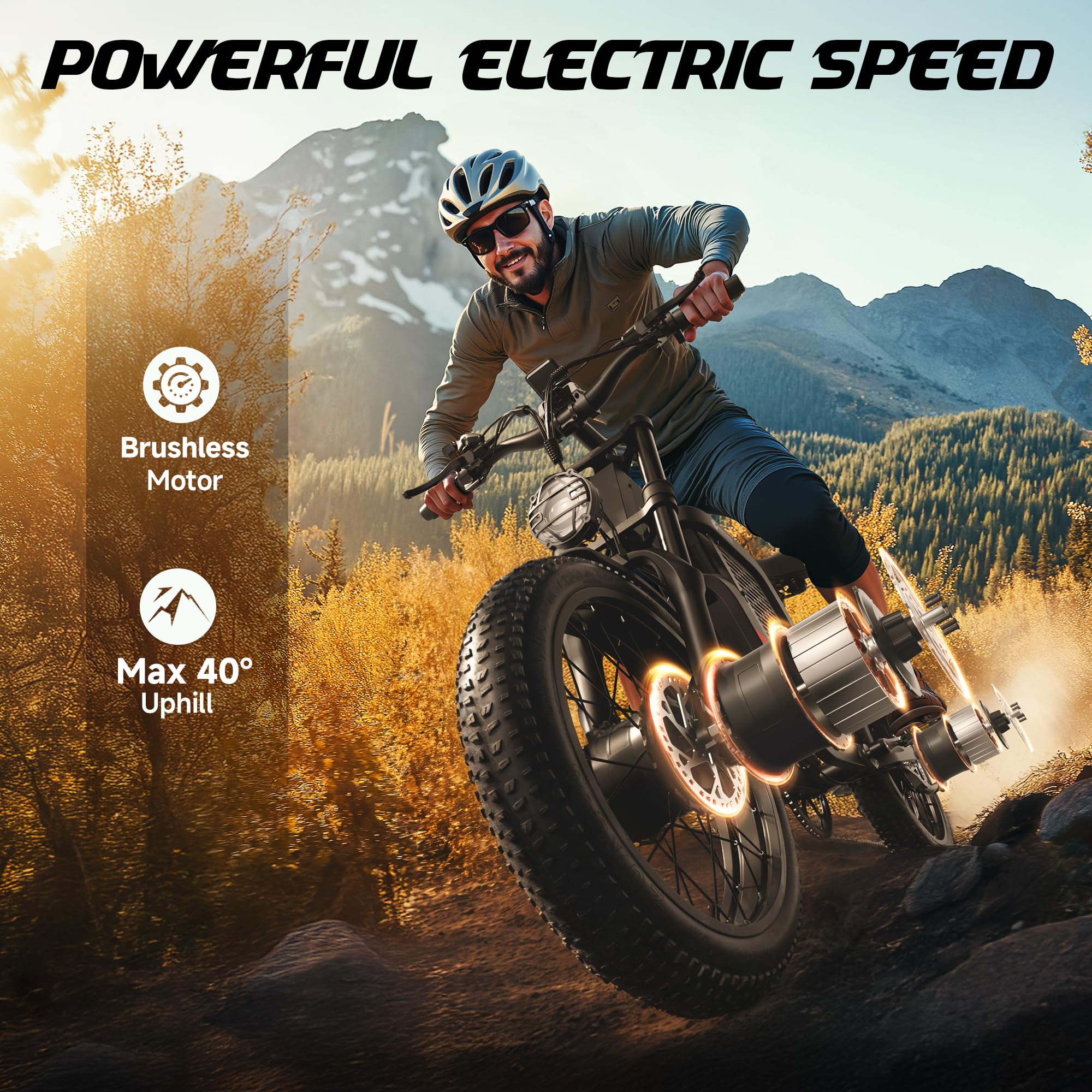 Vélo électrique pour adulte, double moteur, batterie lithium-ion 52V 24Ah, autonomie maximale de 45 à 90 kilomètres, pneus de 20 pouces de large, suspension intégrale, vélo électrique à 7 vitesses.