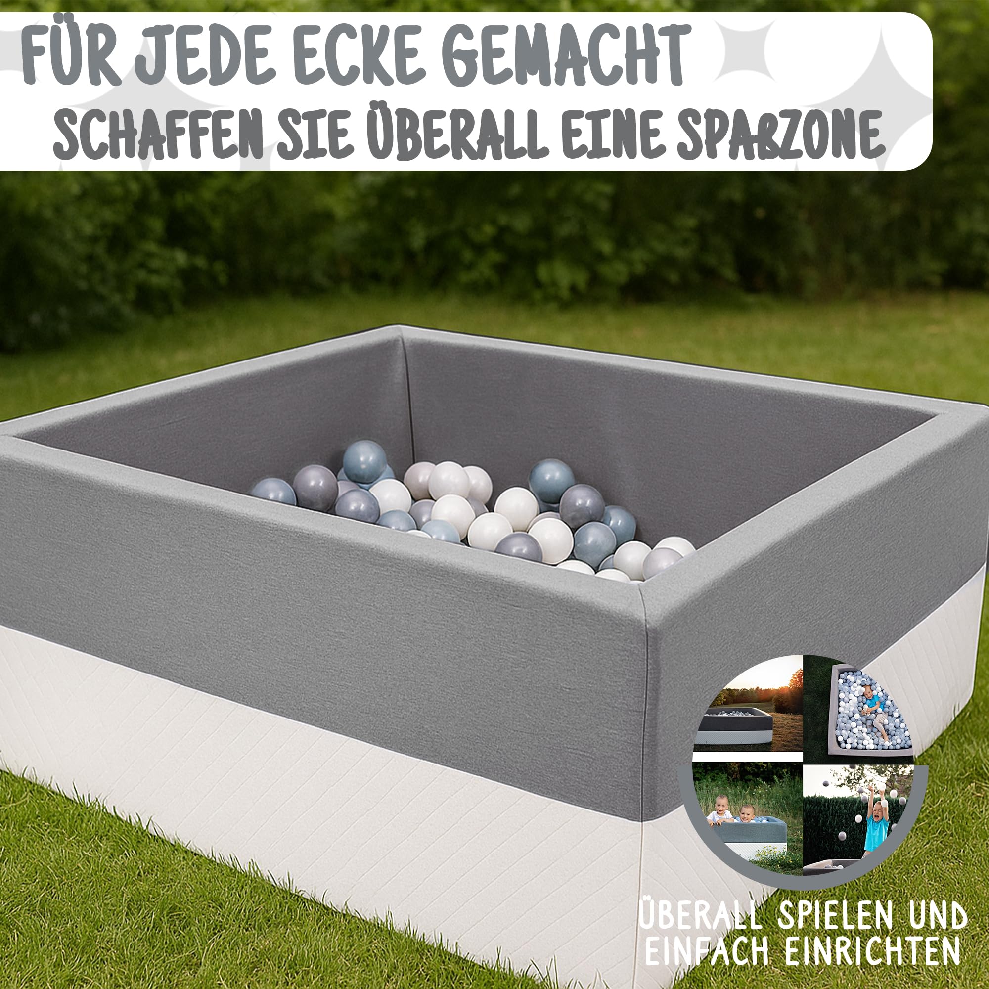 Rainbow Kids - XXL Luxus Bällebad Bällepool Bällebecken Spielbälle Kugelbad Bällchenbad Spielbecken Ball Bällepool (90x90x40 mit 200 Bällen) (Grau-Weiss)