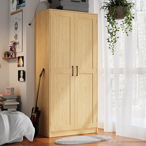Wood Wardrobe Closet with 2 Doors，Bedroom Freestanding Armoire Storage Cabinet with Shelves，Wooden Wardrobe Combination for Hanging Clothes