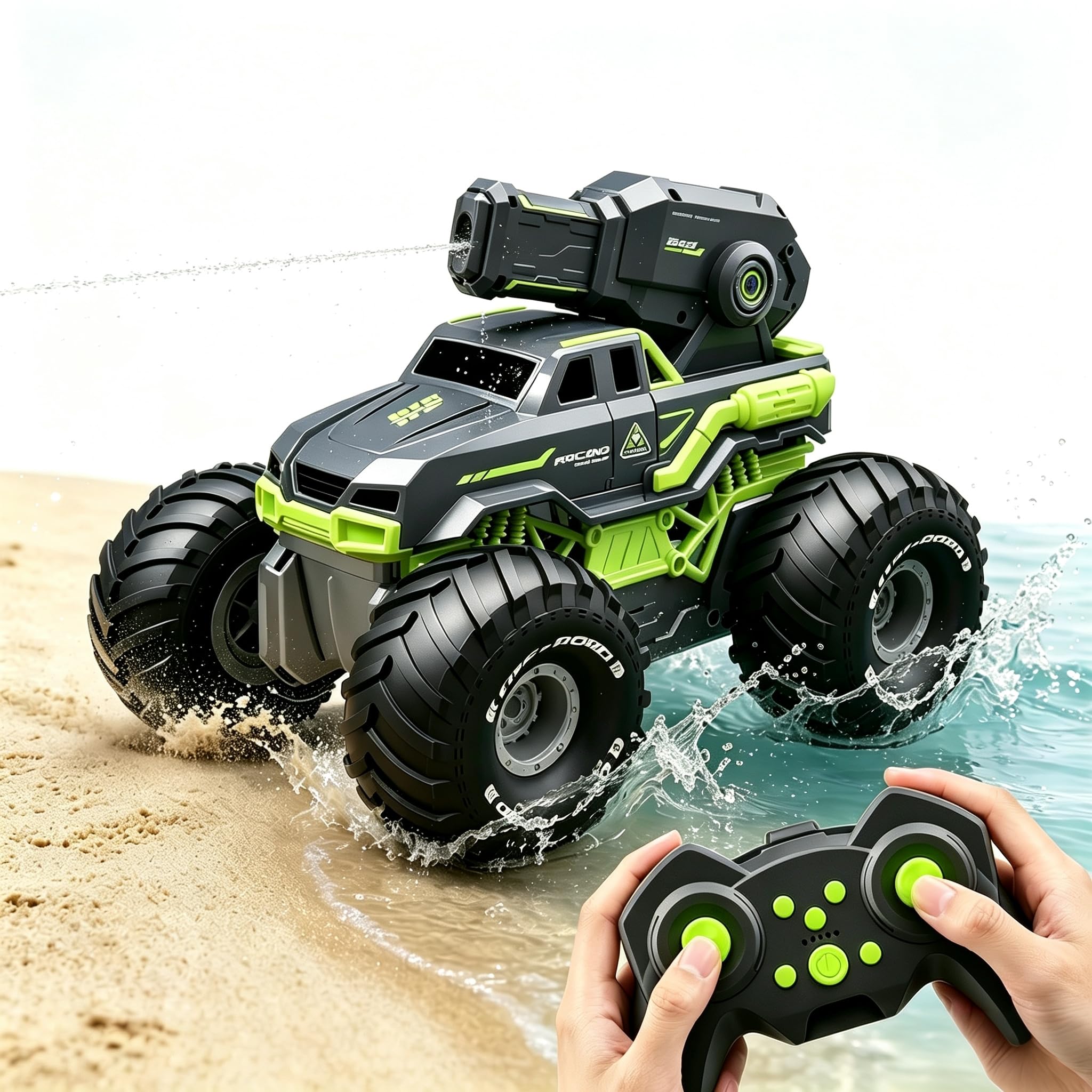 Voiture Télécommandée Tout Terrain Amphibie avec Pistolet Eau