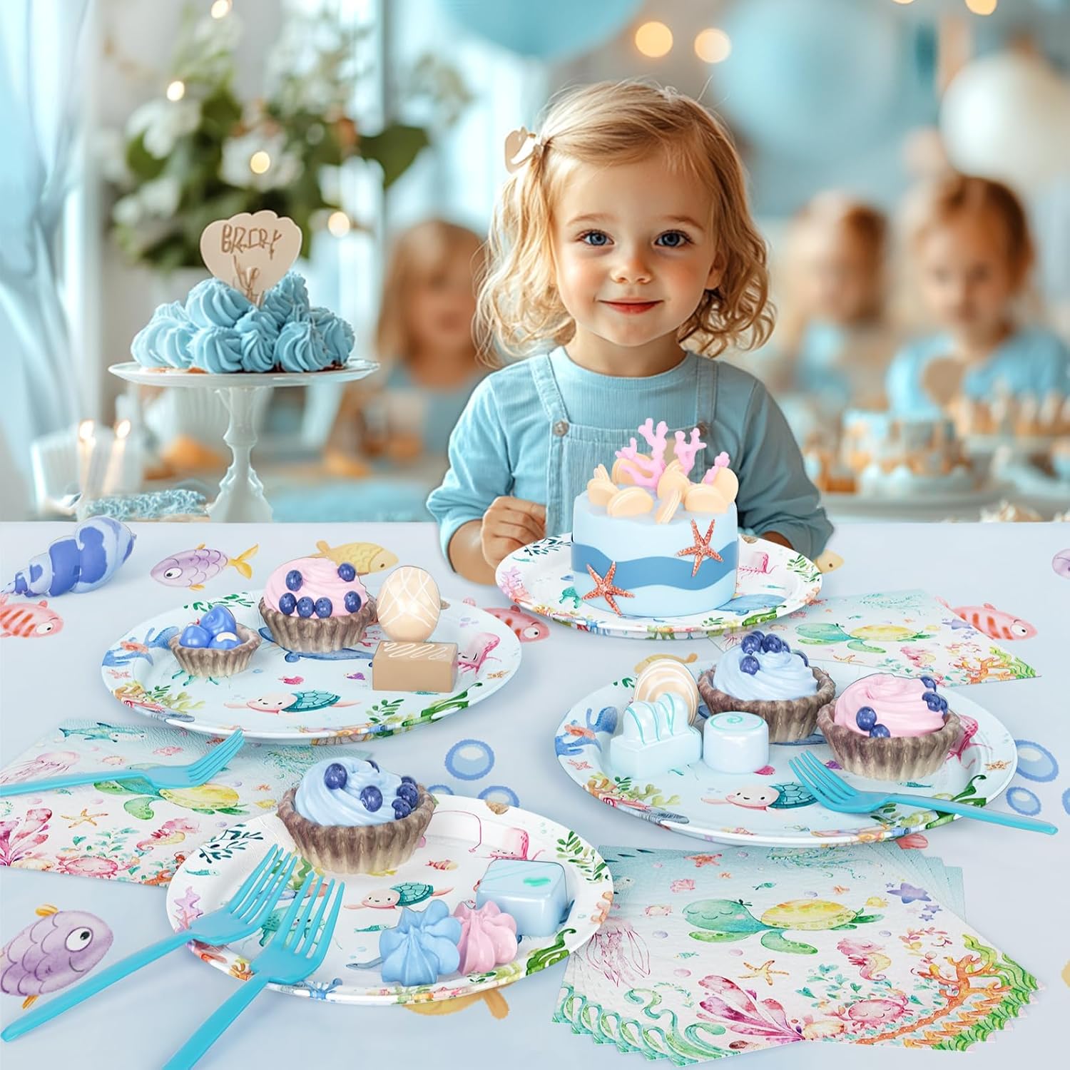 Under The Sea Party Decorations, Ocean Animal Themed Birthday Party Supplies, Underwater World Birthday Backdrop Fringe Curtain Balloon Banner Tablecloth Cake Topper Plates Napkins Forks