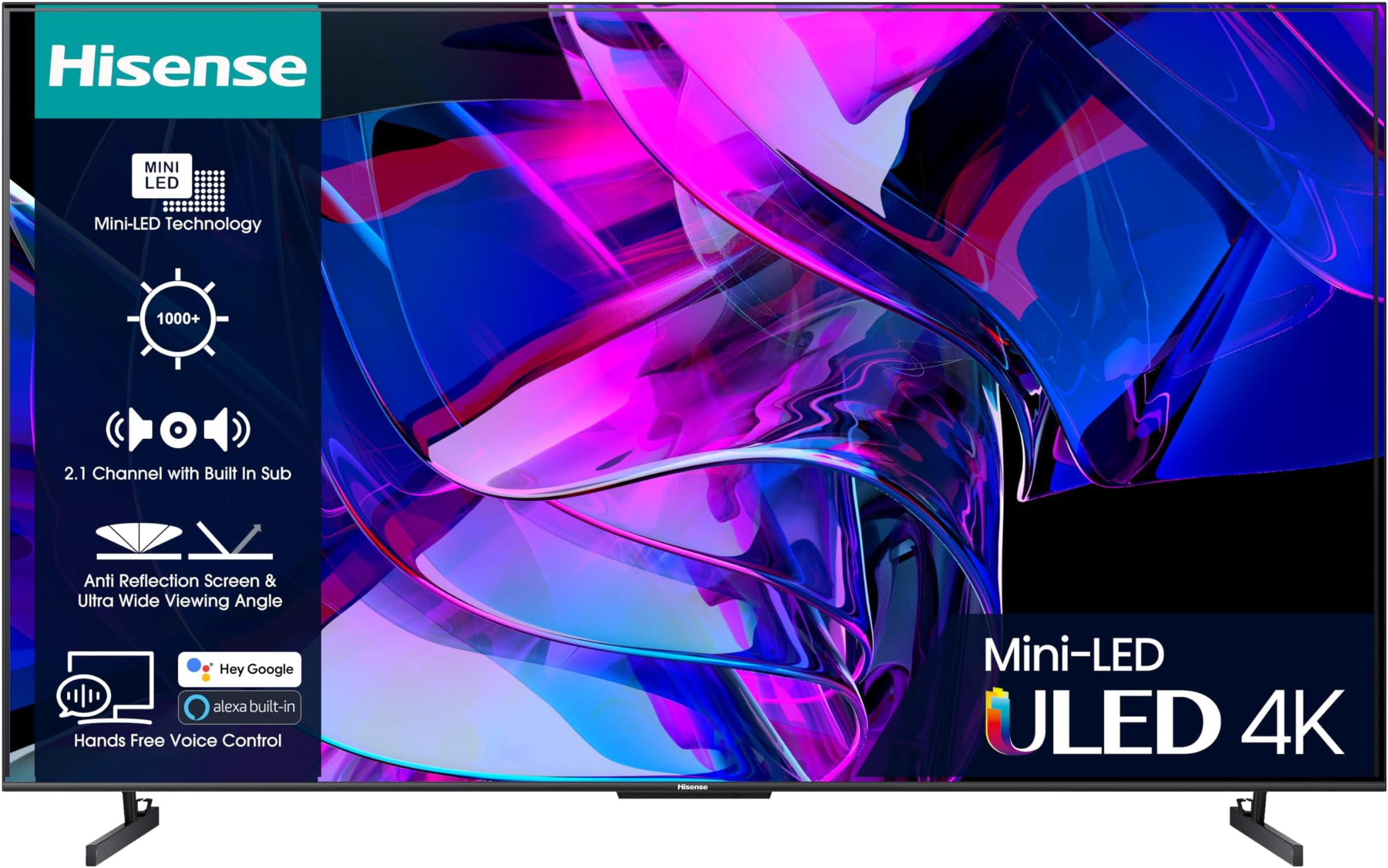 HISENSE 100 Inch 144Hz ULED Mini-LED Smart TV 100U7KQTUK - 144Hz VRR, HDMI 2.1, Quantum Dot Colour, Dolby Vision IQ, VIDAA Smart TV, and Youtube, Freeview Play, Netflix and Disney+ (2023 Model)
