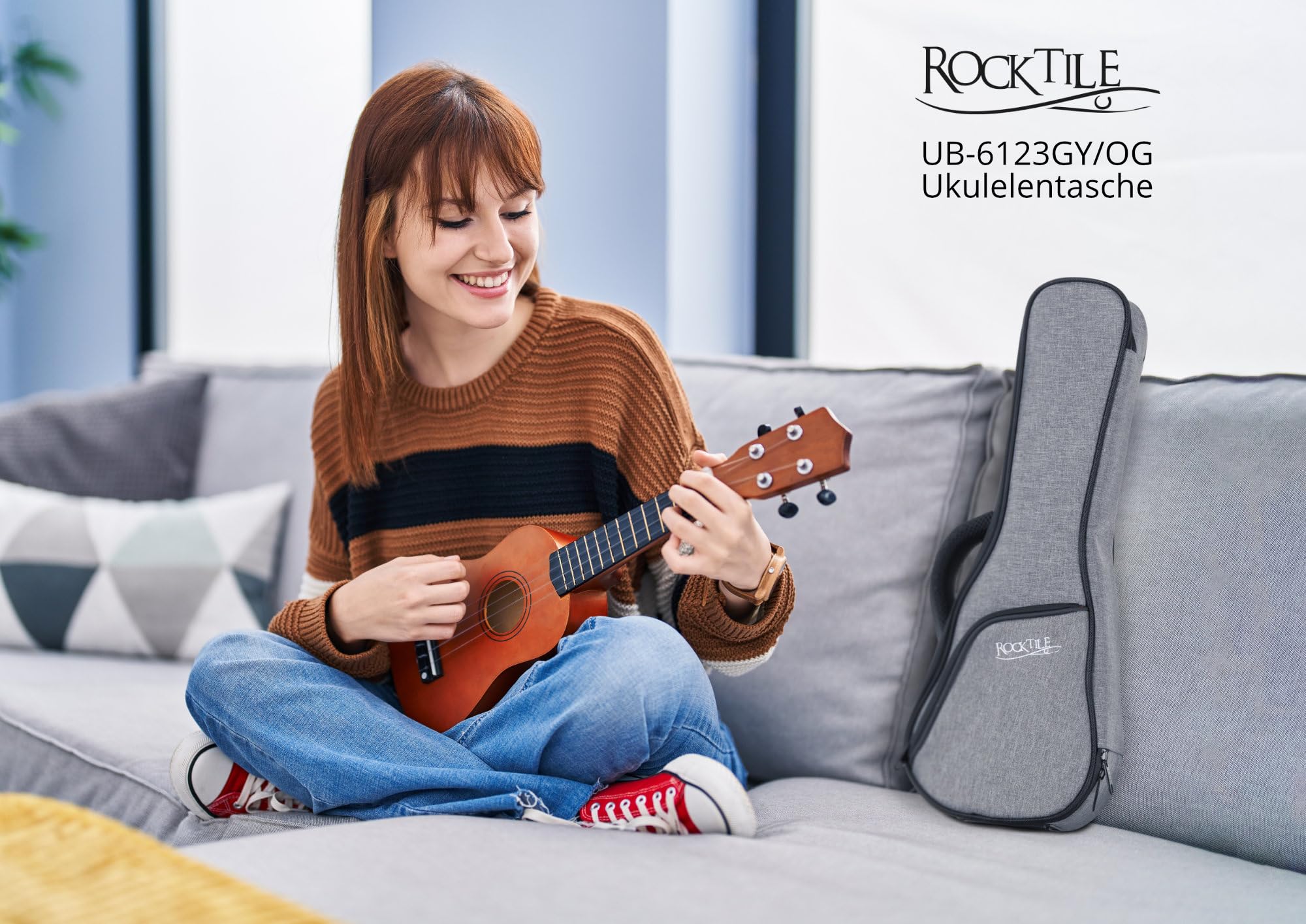 ROCKTILE Bolsa Ukelele Soprano - Funda de Transporte Impermeable et Resistente al desgarro Acolchada para ukeleles - Bolsillo Exterior Acolchado para Accesorios - Bandolera Ajustable - Gris