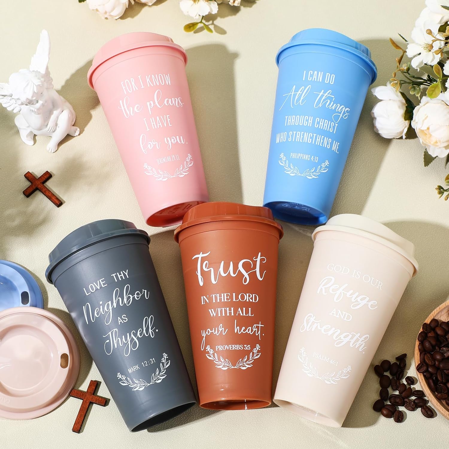 Skylety 20 Pack Christian Gifts for Men Women 16oz Reusable Bible Verse Tumbler Bulk Plastic Coffee Cups with Lids Inspirational Religious Church Gifts for Valentine Easter Birthday (Morandi Color) - Image 6