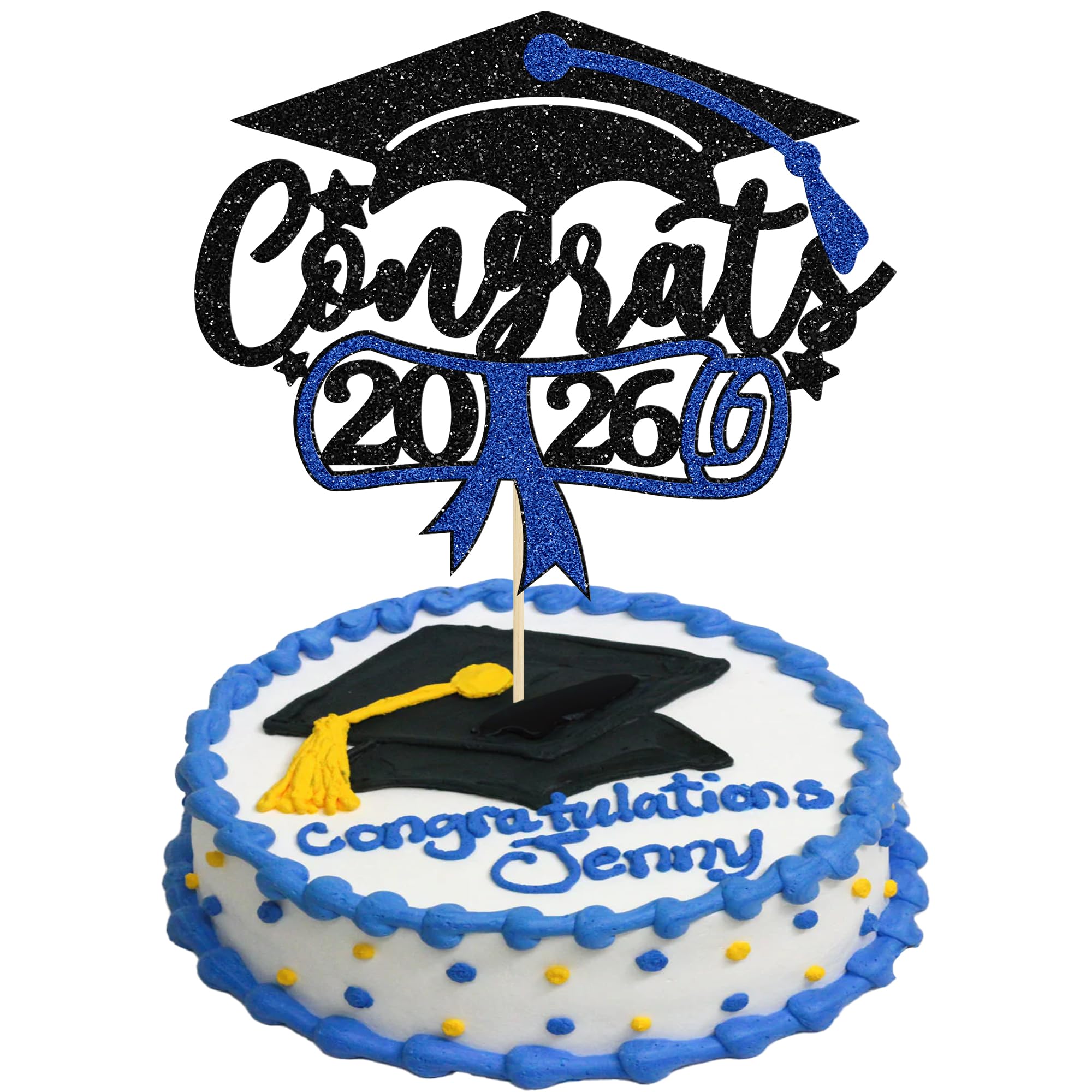1Pc Congrats 2026 Cake Topper Blue Glitter Class of 2026 Happy Graduation Congrats Grad 2026 Graduation Cake Decoration for 2026 Congrats Grad Party