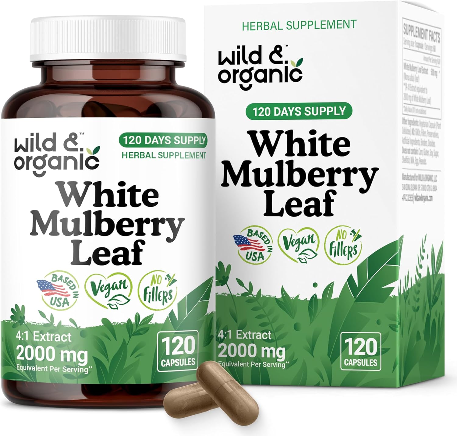 Wild & Organic White Mulberry Leaf Extract Capsules 500 mg - Antioxidant & Overall Support - Pure Mulberry Extract Supplement - Morus Alba Leaf Powder - Vegan, No Fillers, Non-GMO - 120 Count