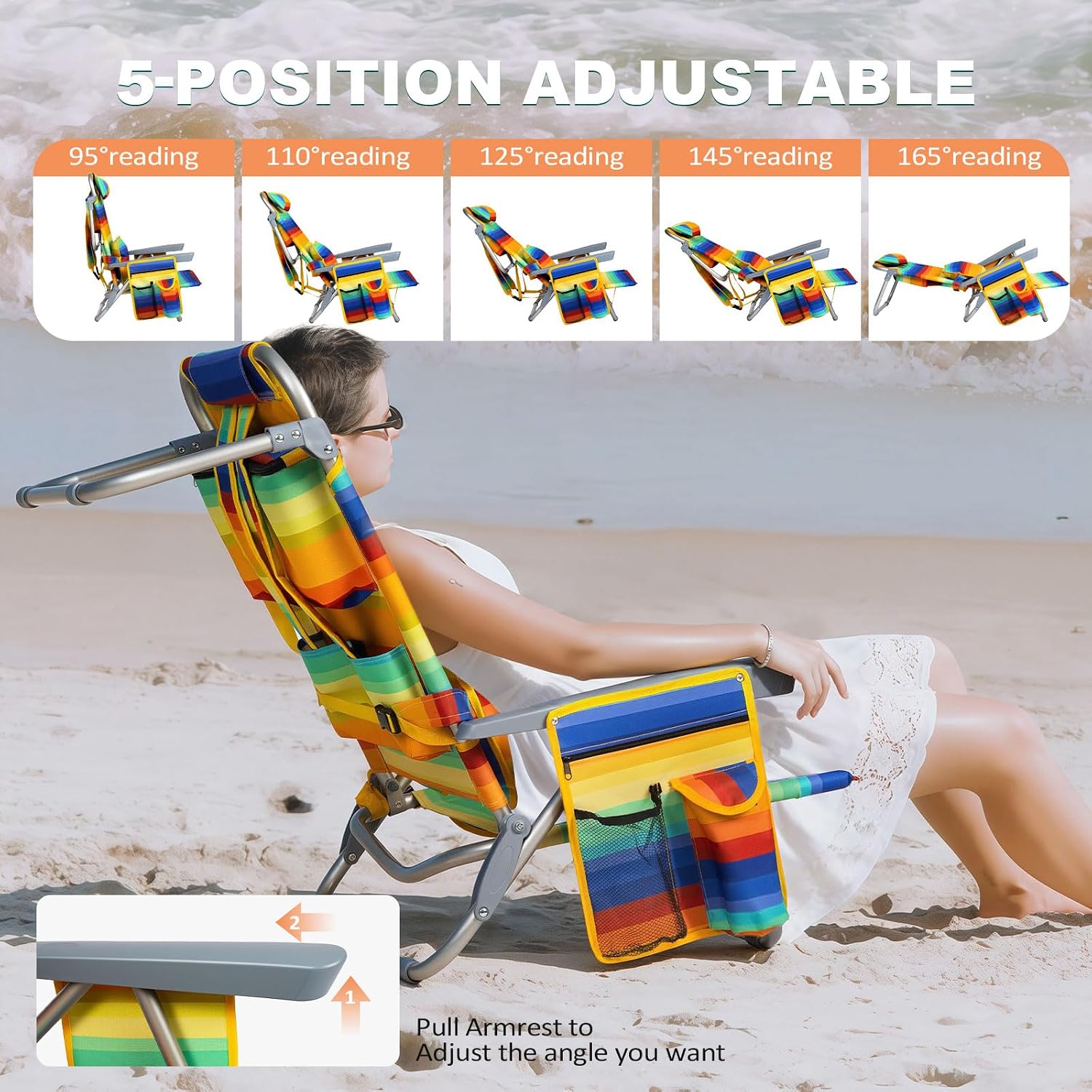 Backpack Beach Chair for Adults, 5 Positions Reclining Portable Lounge Chair Folding Chair for Outside, Cooler Bag Cup Holder Camp Chair Outdoors Pools Lawn Sand (1, Rainbow Stripe)