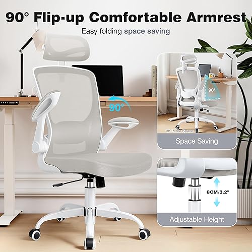 Miniatura 5 de Silla de oficina ergonómica de respaldo alto, sillas de escritorio de malla para oficina en casa con soporte lumbar, reposabrazos abatibles, silla