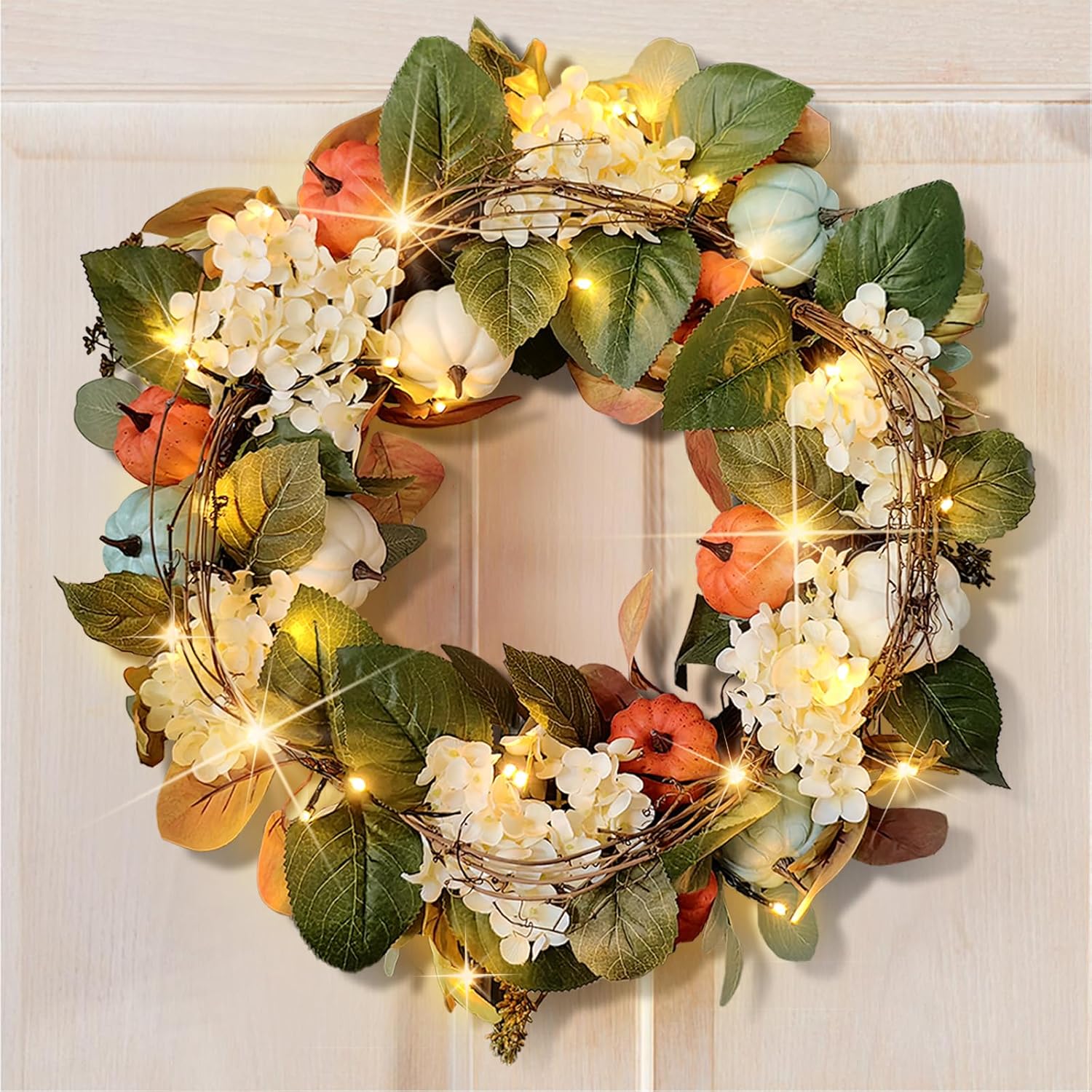 Fall Wreath for Front Door, 24” Autumn Artificial White Pumpkins, Hydrangeas, Maples Leaf Harvest Wreaths for Thanksgiving Porch, Window Indoor Decoration with 35 Warm White LED