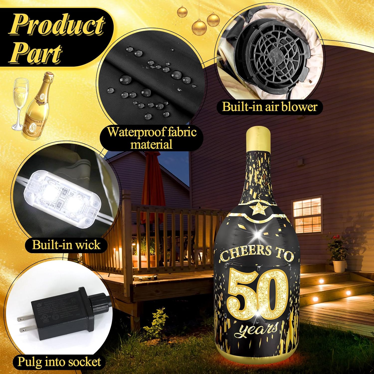 Eyourlife 6Ft Inflatable Champagne Bottle Birthday Inflatable Outdoor Decoration Black Gold Party Decor for Her 30/40/50/60 Years Birthday Gift Valentine's Day Anniversary Home Yard Gathering Wedding - Image 4