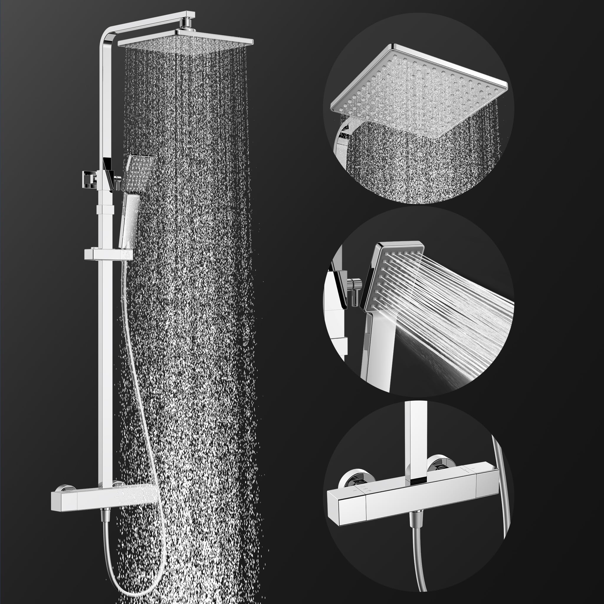 HOMELODY Sistema de ducha con termostato cromado, grifo de ducha de acero inoxidable, ducha de lluvia con grifo, juego completo con cabezal de ducha de lluvia, barra de ducha ajustable, juego de ducha