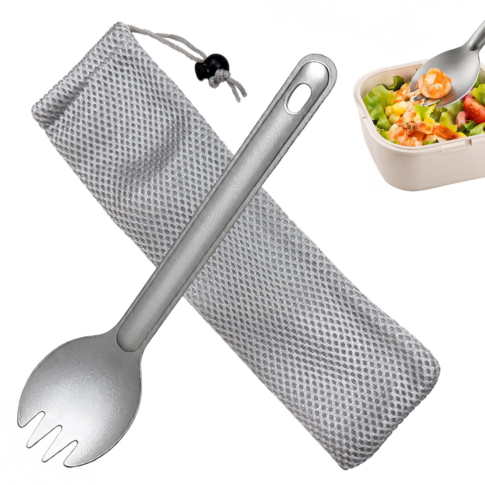Titanium Spork, 6.3 Inch Long Handle Ultralight Camping Cutlery, 100% Titanium Spork & Spoon with Storage Bag for Backpacking, Hiking, Travel, Picnic, Office (Silver)