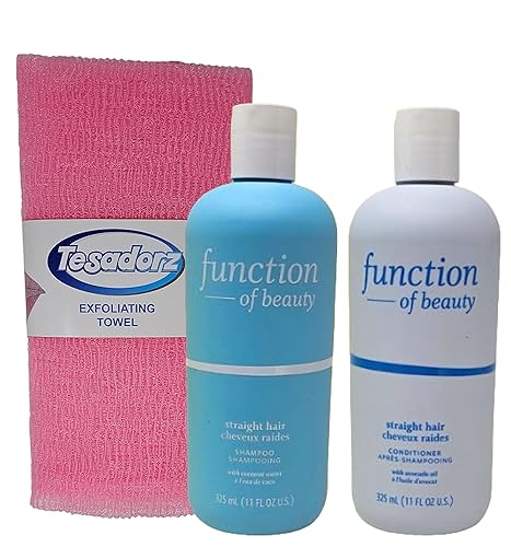 Function of Beauty - Juego de champú y acondicionador para cabello liso (11 onzas) y toalla exfoliante Tesadorz