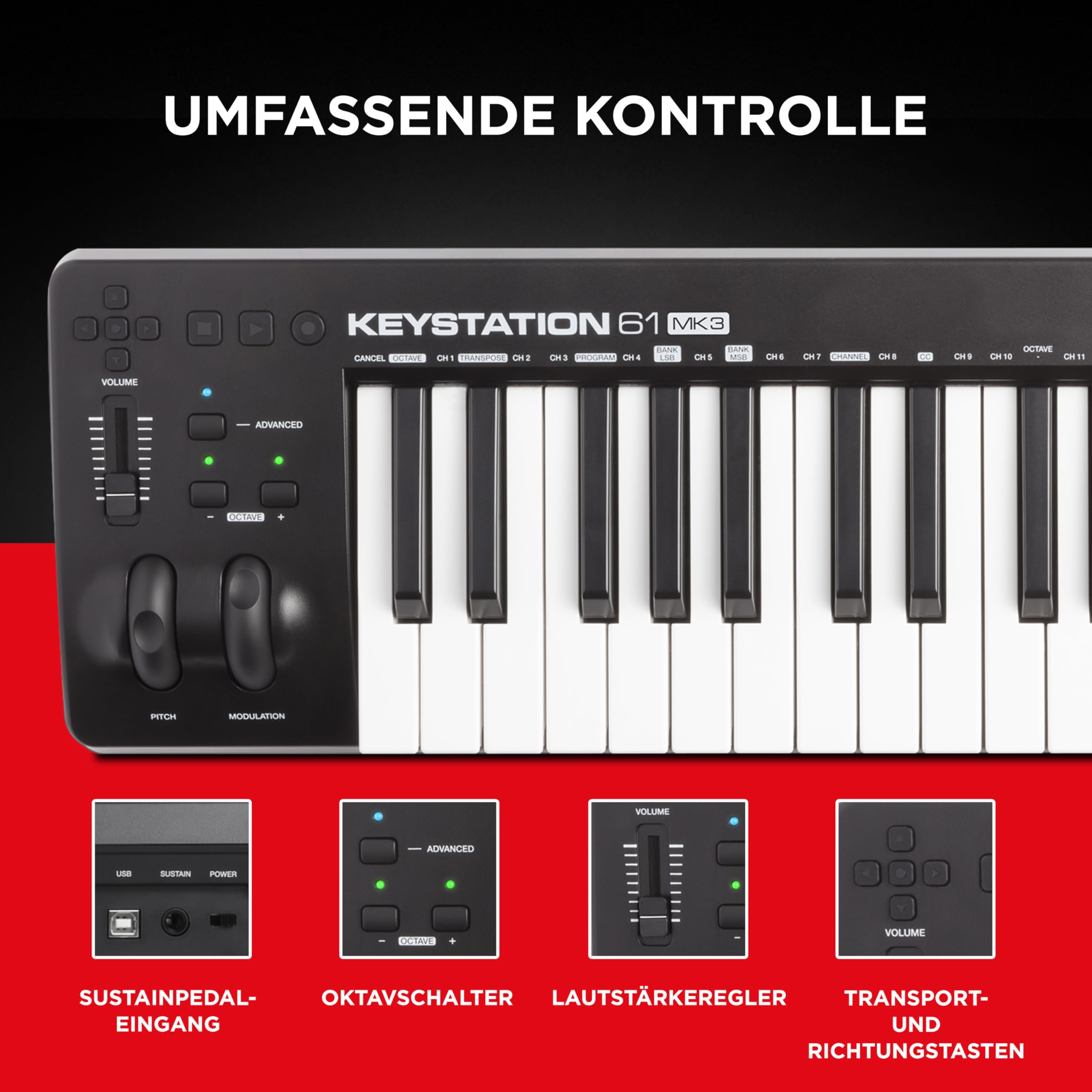 M-AUDIO Keystation 61 MKIII - Kompakter 61-Tasten MIDI Keyboard Controller mit Zuweisbaren Reglern, Pitch/Modulation Rädern, Plug-And-Play (Mac/PC) Konnektivität und Software Production Suite