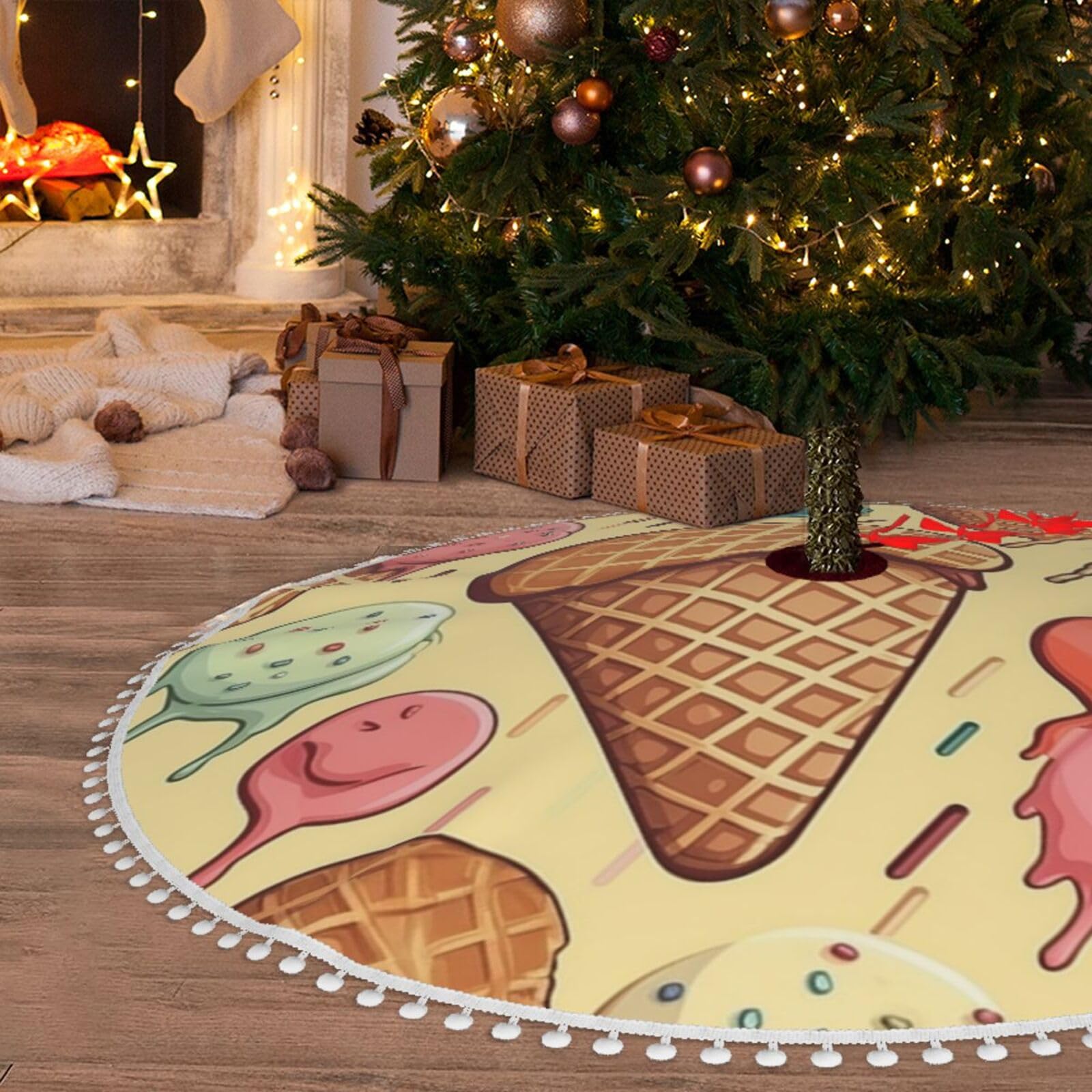 Jupe de sapin de Noël en peluche douce 121,9 cm au motif gaufre et crème glacée chic