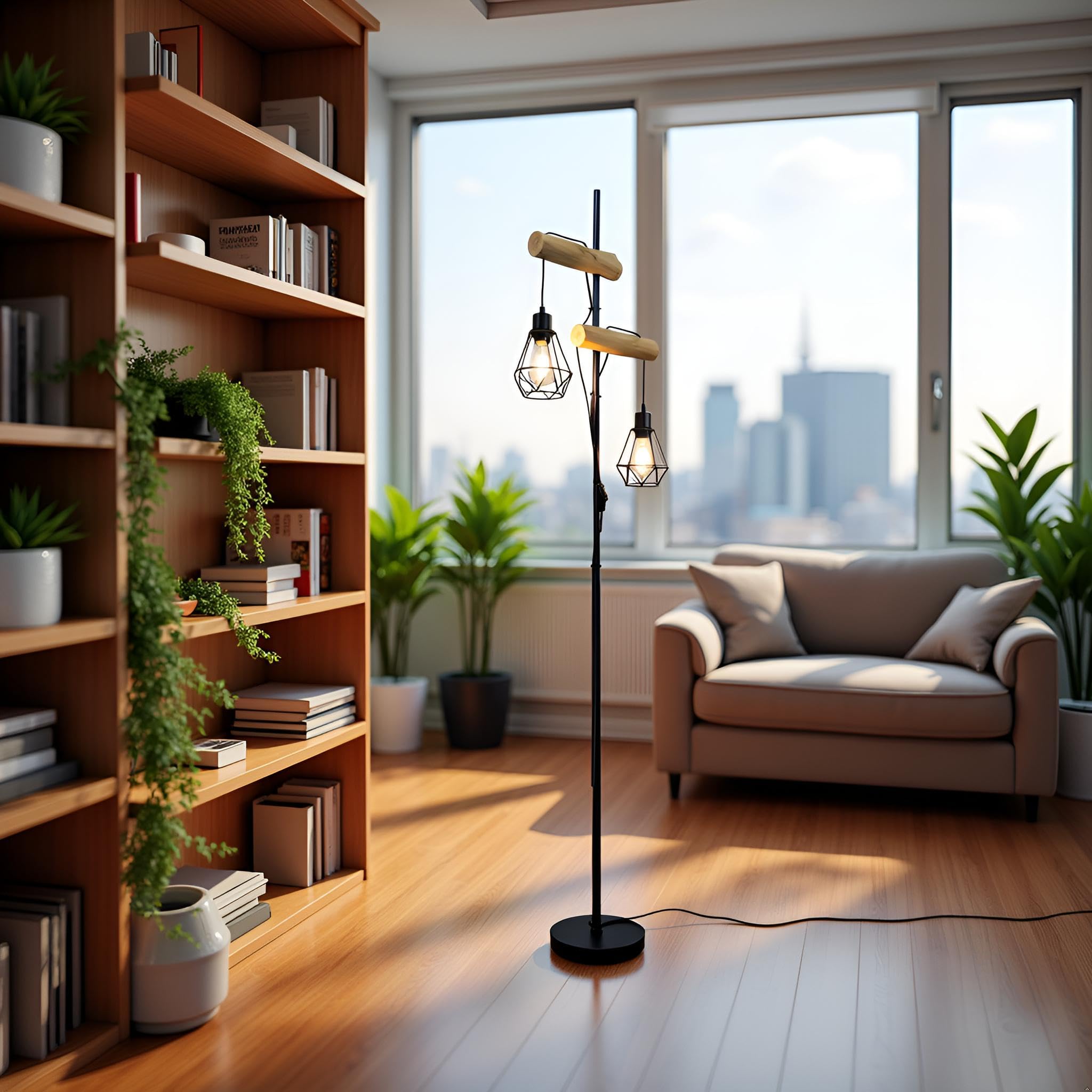 Industrielle Stehlampen 2-flammig E27 LED Glühbirne, Vintage rustikal Design mit Natür Holz und Schwarzem Metall, für Wohnzimmer esszimmer flur