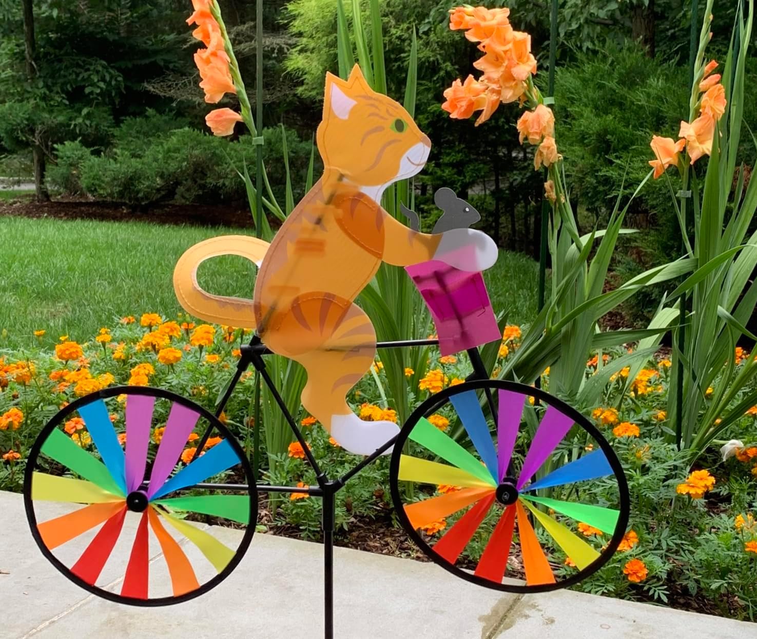 Backyard Wind Spinner Yellow Tabby Cat on a Bicycle Spinner Carrying a Llittle Mouse Pinwheel Windmill Colorful Garden Decoration