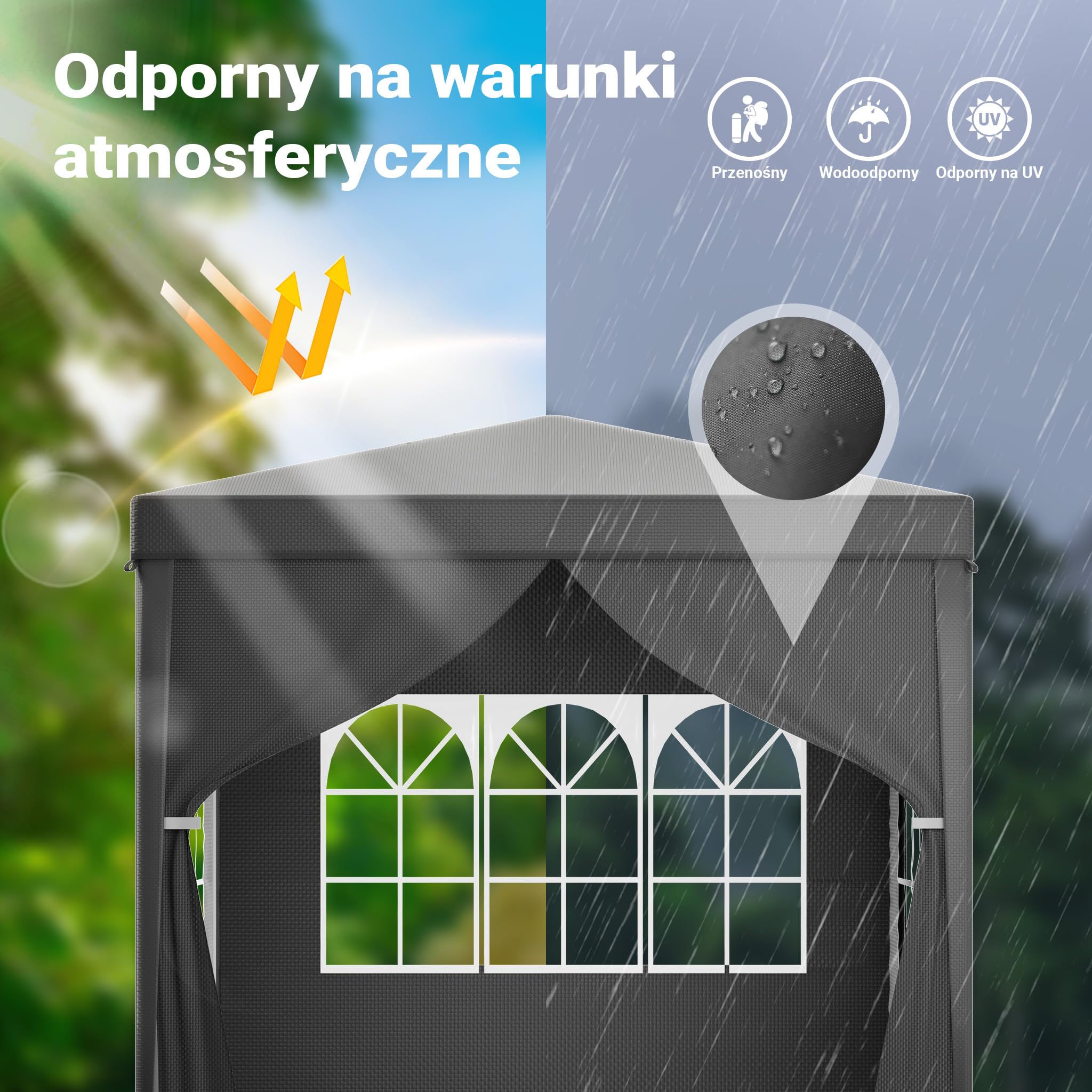 Toboli Pawilon 3 x 3 m w kolorze szarym z ochroną UV 50+, altana ogrodowa ze zdejmowanymi bokami, namiot imprezowy z oknami, np. na taras i festiwale