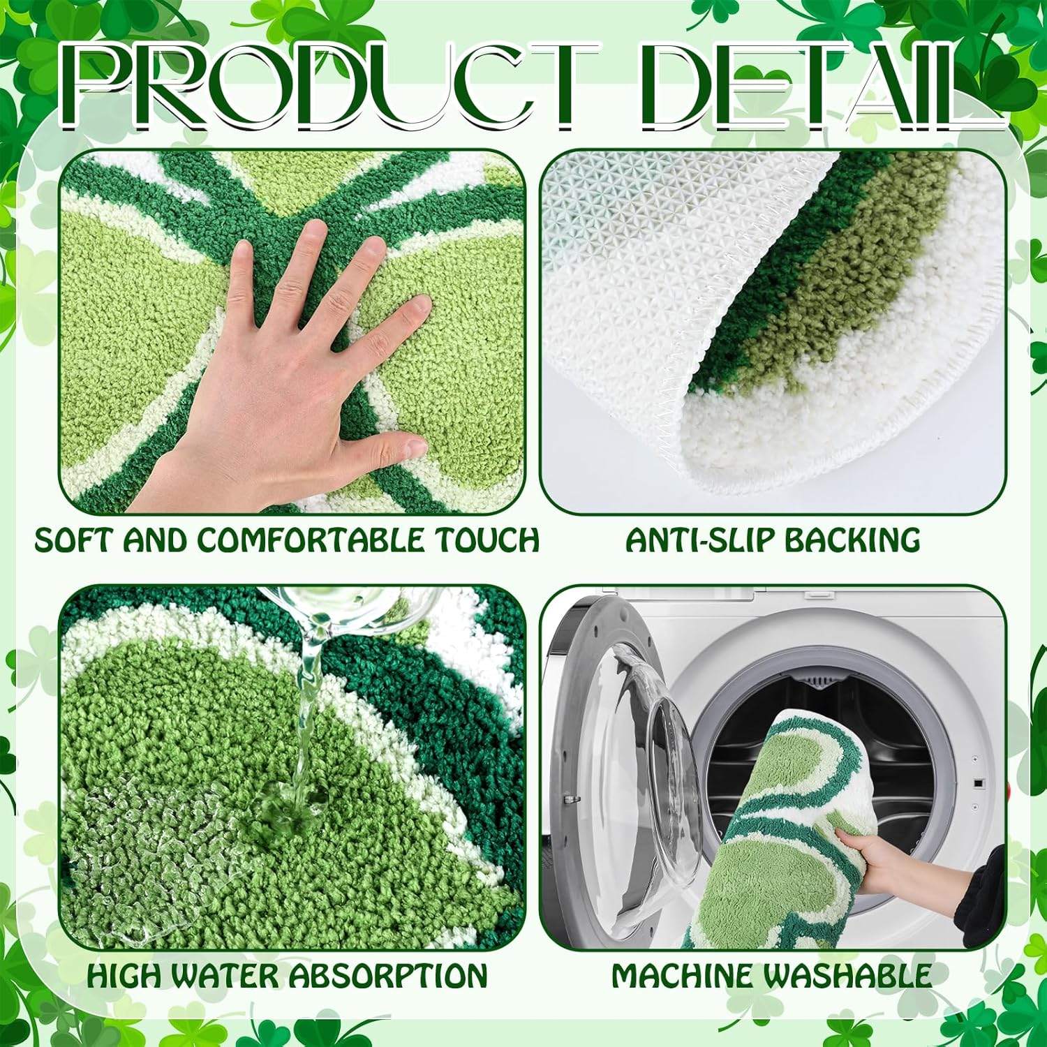 St Patricks Day Shamrock Bathroom Rug 35.4 x 21.7 inch Fluffy Irish Clover Floor Mat Non Slip Bath Mat for Shower Bathtub Bedroom Kitchen Rug Holiday Décor