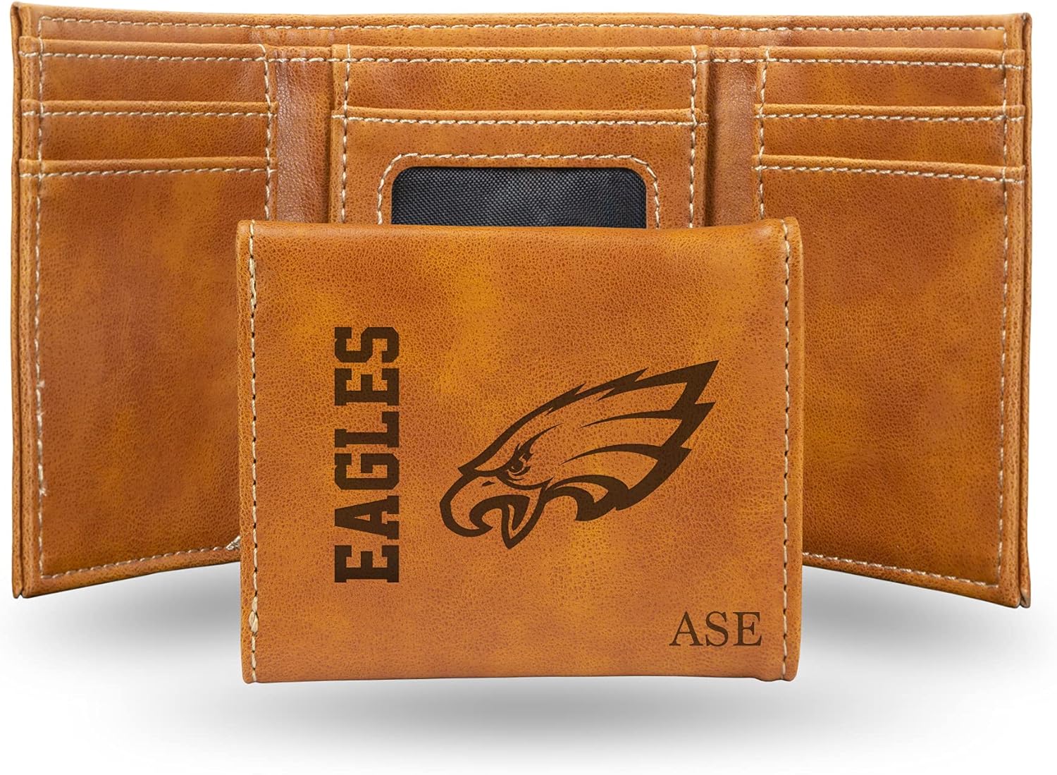 Rico Industries NFL Football Philadelphia Eagles Brown Personalized-Custom Laser Engraved Faux Leather Tri-fold Wallet - Slim Wallet