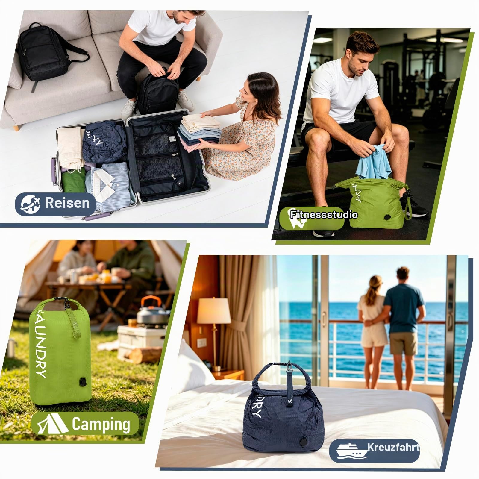 WiseBoy Wäschesack Reise 2er Set, Kompressions-Schmutzwäschebeutel | Wasserdichter Wäschebeutel mit Rollverschluss, Nass- & Trockenfunktion, Platzsparend Laundry Bag. Für Gym, Schwimmen, Reise.