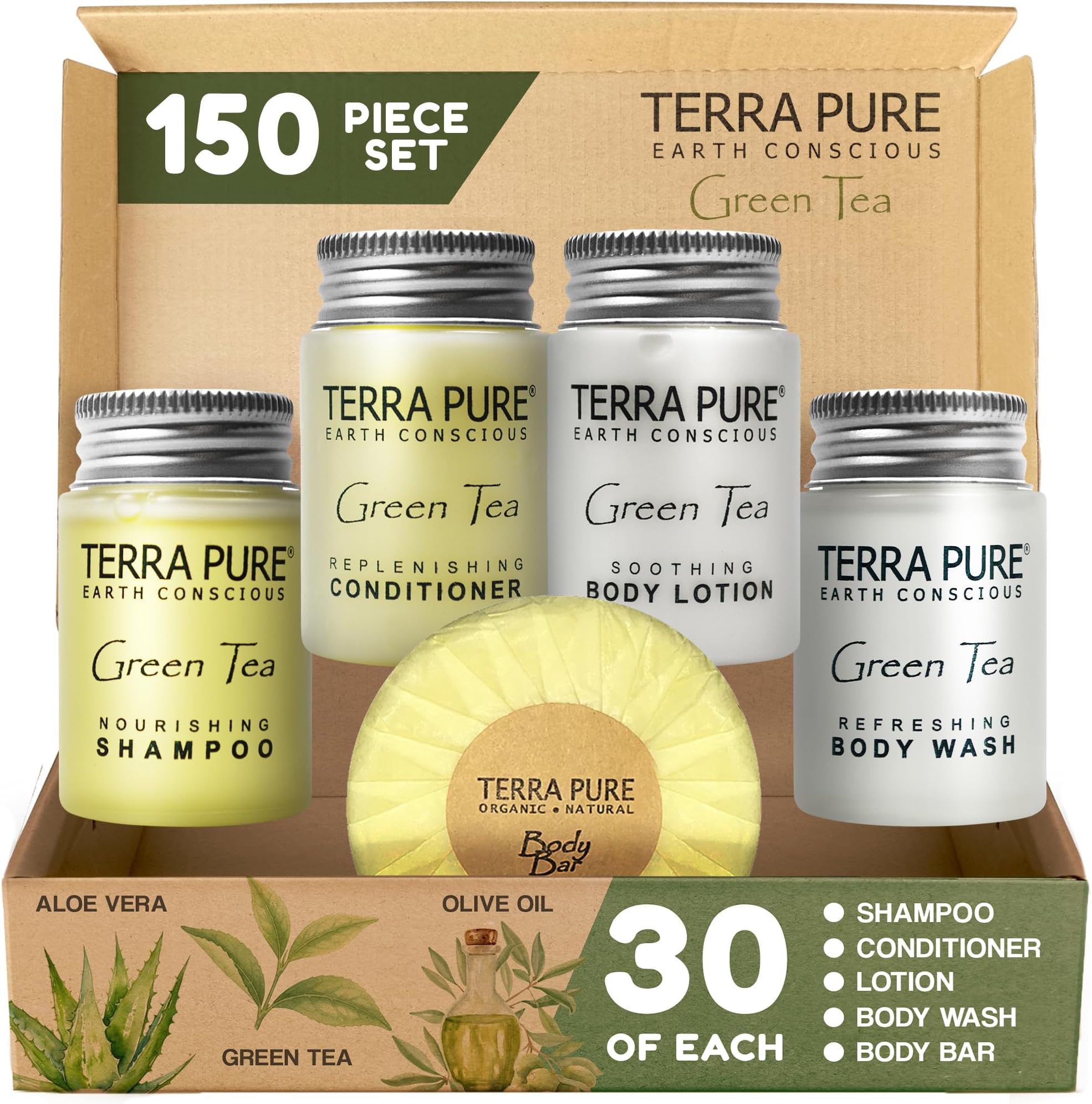 Terra Pure Hotel Soaps & Toiletries Bulk Set | 1-Shoppe Amenities Kit | 1oz Shampoo & Conditioner, Body Wash, Lotion, 1.25oz Bar Soap | Travel Size | 150 Pieces