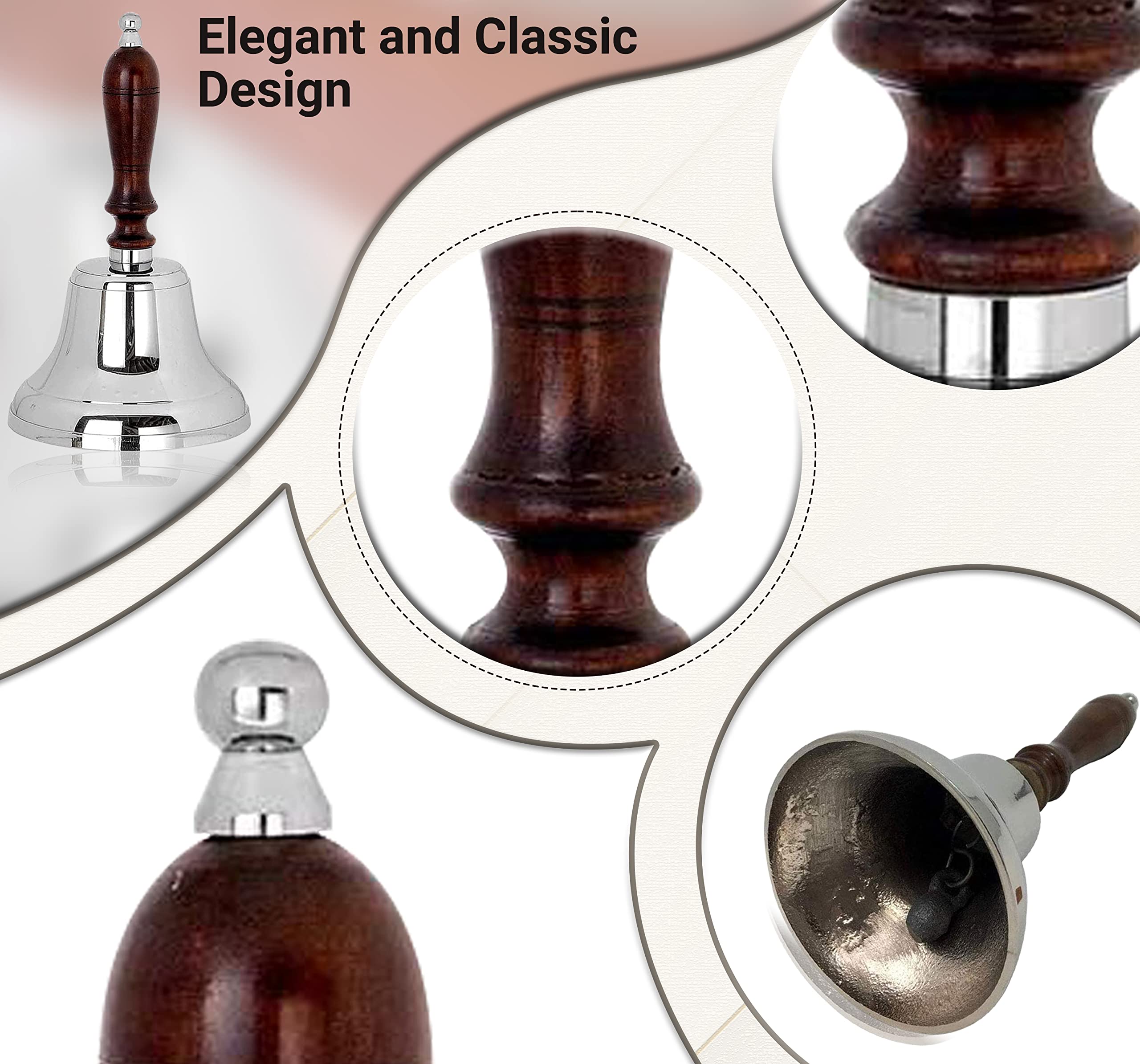 Neez Campana de Mano - Mango Madera Campanillas de Metal para Navideñas, Restaurante, Servicio & Timbr Recepcion, School Campanilla con colgador Muro (5" Campanas Bronce)