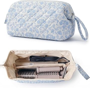 Quilted Hair Tools Travel Bag Compatible with Dyson Hair Dryer Airwrap, Floral Hair Tools Bag Compatible with Shark Flex Style Case, Hair Dryer, Curling Iron, Dustproof Travel Storage Organizer Blue