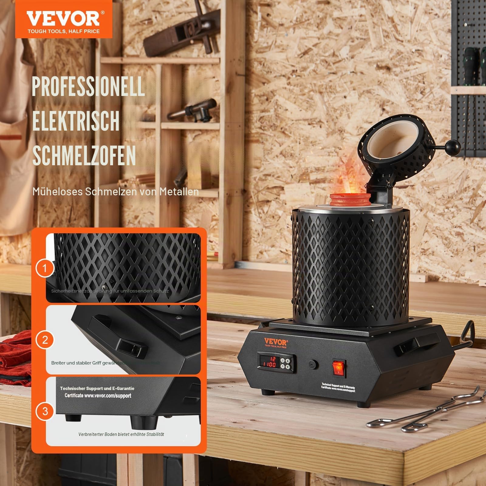 VEVOR Goldschmelzofen 1350 W, Elektrischer Digitaler Schmelzofen, 1150 ℃, elektrischer Schmelzofen mit 1 kg & 3 kg Graphittiegeln zum Schmelzen von Gold, Silber, Kupfer, Aluminium usw. Schwarz