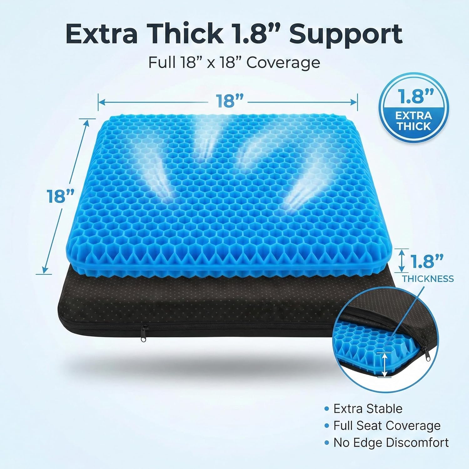 Extra Thick Large Pure Gel Seat Cushion for Long Sitting, Breathable Comfort Cushion for Back, Sciatica, Tailbone & Hip Pain Relief, Washable Portable Cushion for Office Chair, Car, Wheelchair