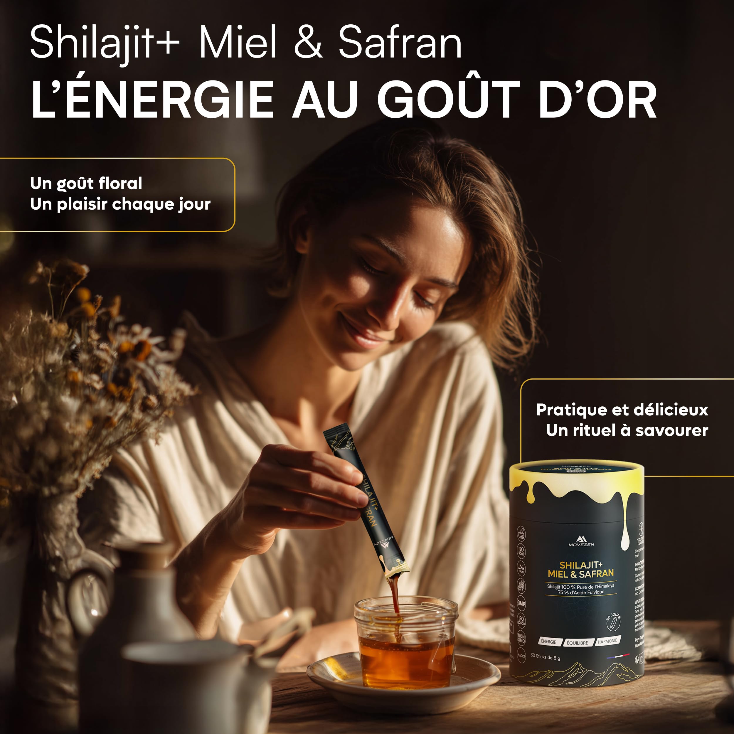Shilajit+ Miel & Safran Bio, Résine Authentique 100% Pure de l’Himalaya, Énergie Durable, Vitalité, Concentration, 30 Sticks de 8 g, Riche en Acide Fulvique & Humique, 85+ Minéraux