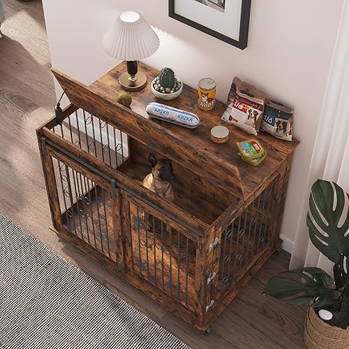 Miniatura 2 de Rophefx Mueble grande para perros con puerta corredera, perrera de madera para interiores con partición, jaula para perros con parte superior